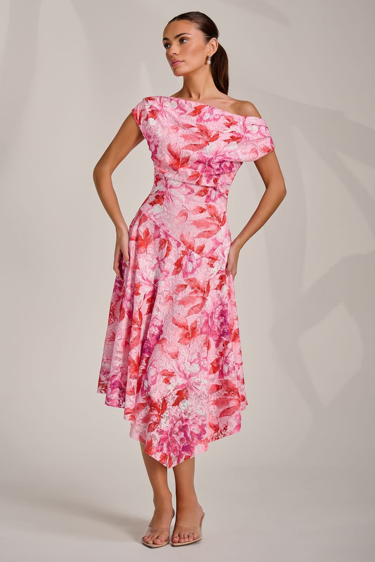 Jolie Moi Jolie Moi Women's Asymmetric Printed Lace Draped Dress in Pink