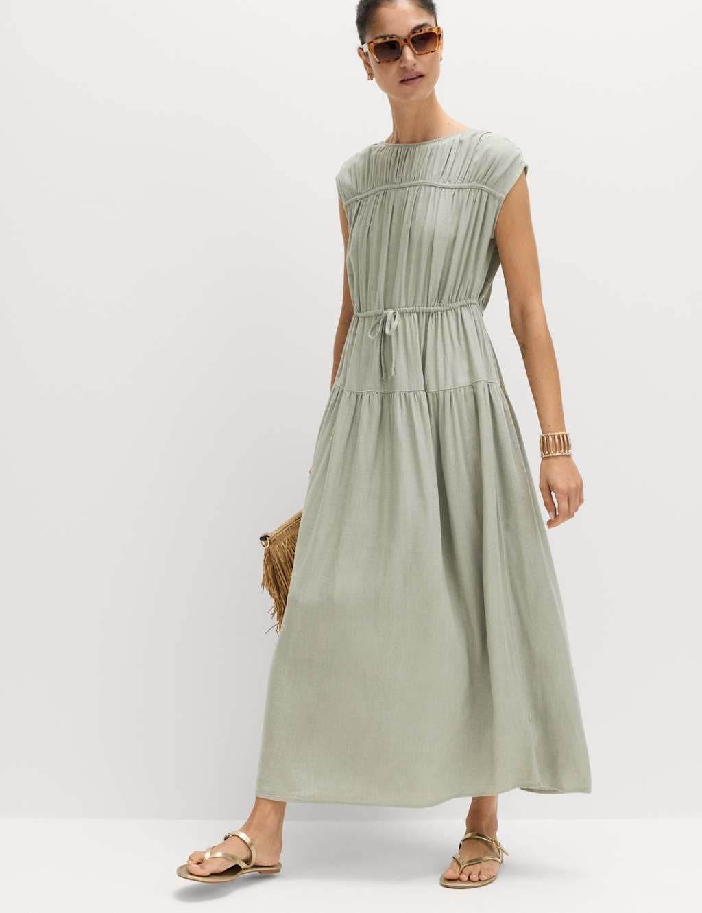 Marks & Spencer M&S Ruched Maxi Waisted Dress with Linen Light Khaki