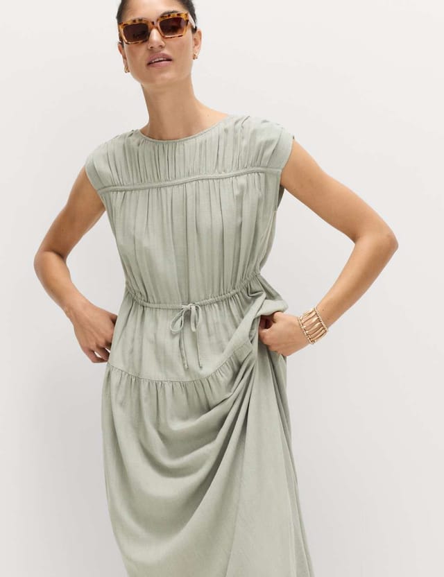 Marks & Spencer M&S Ruched Maxi Waisted Dress with Linen Light Khaki - 3