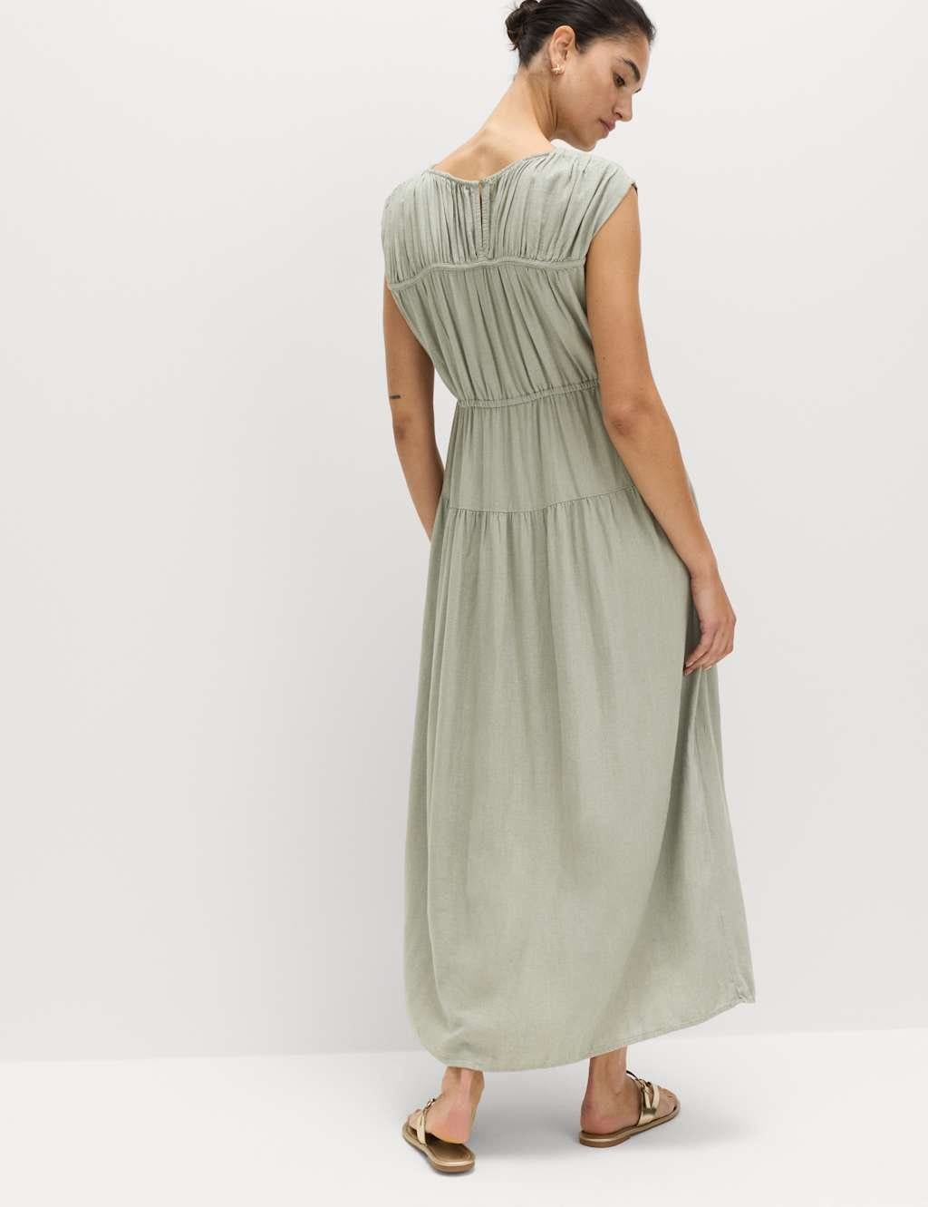Marks & Spencer M&S Ruched Maxi Waisted Dress with Linen Light Khaki - 4