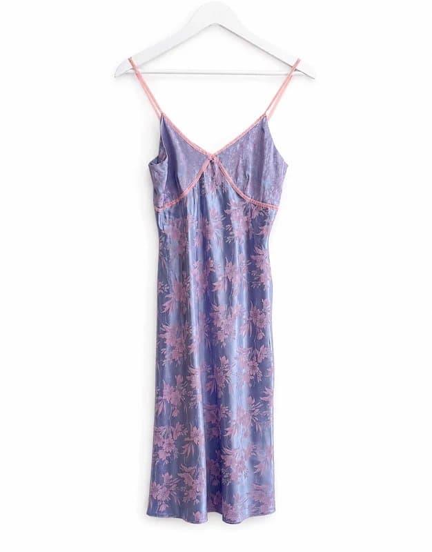 New Look 🌸 Y2K New Look Satin Floral Jacquard Slip Midi Dress Blue Pink UK 8 Fairy Grunge Coquette