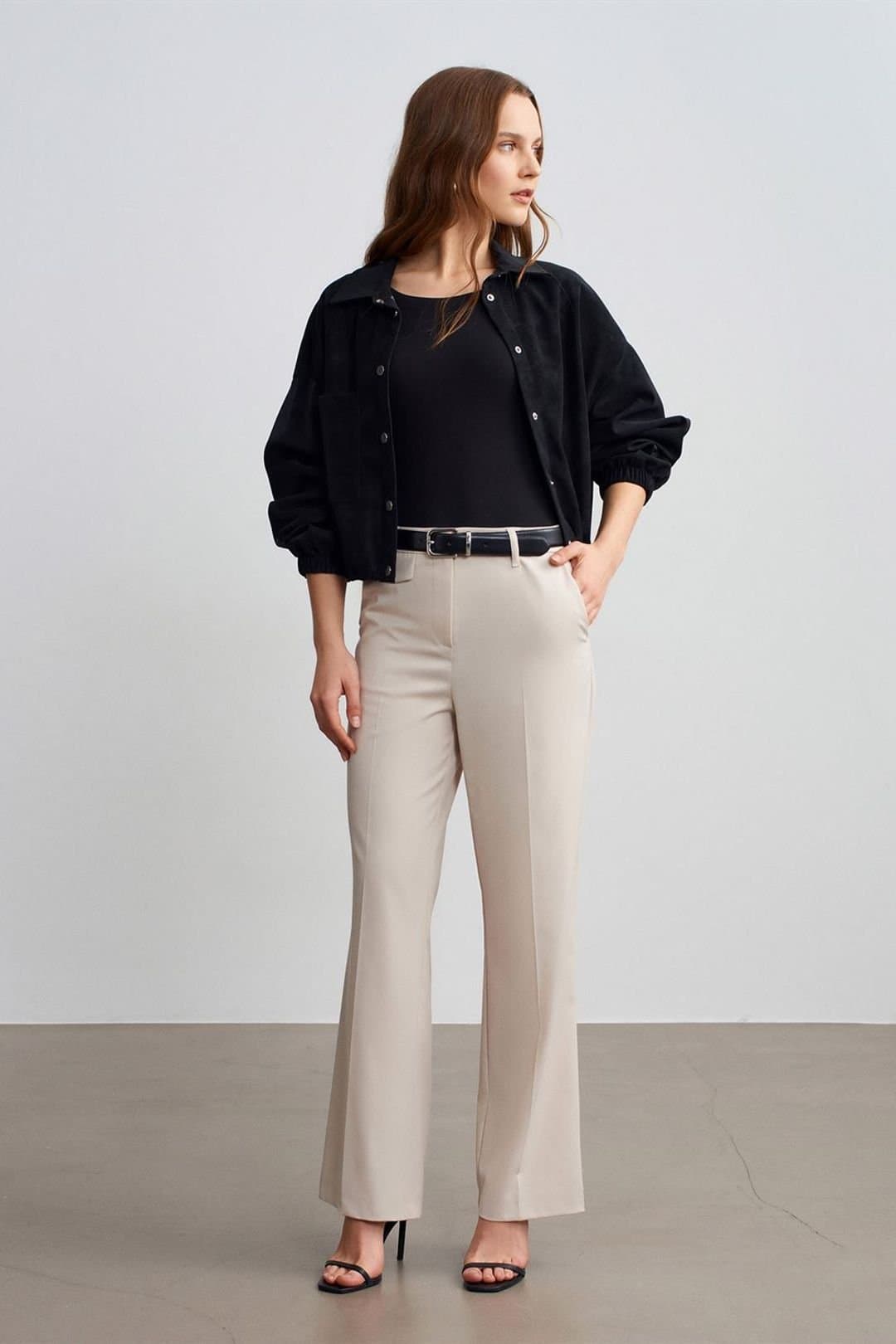 Dilvin Dilvin Women's High-Waist Straight-Leg Crepe Trousers in Stone