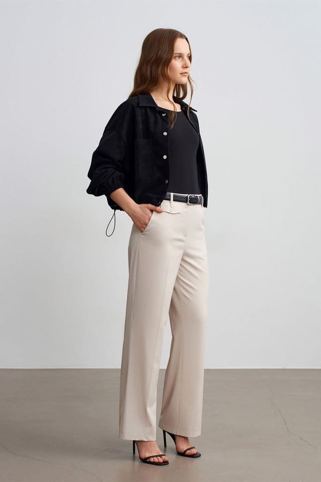 Dilvin Dilvin Women's High-Waist Straight-Leg Crepe Trousers in Stone - 3