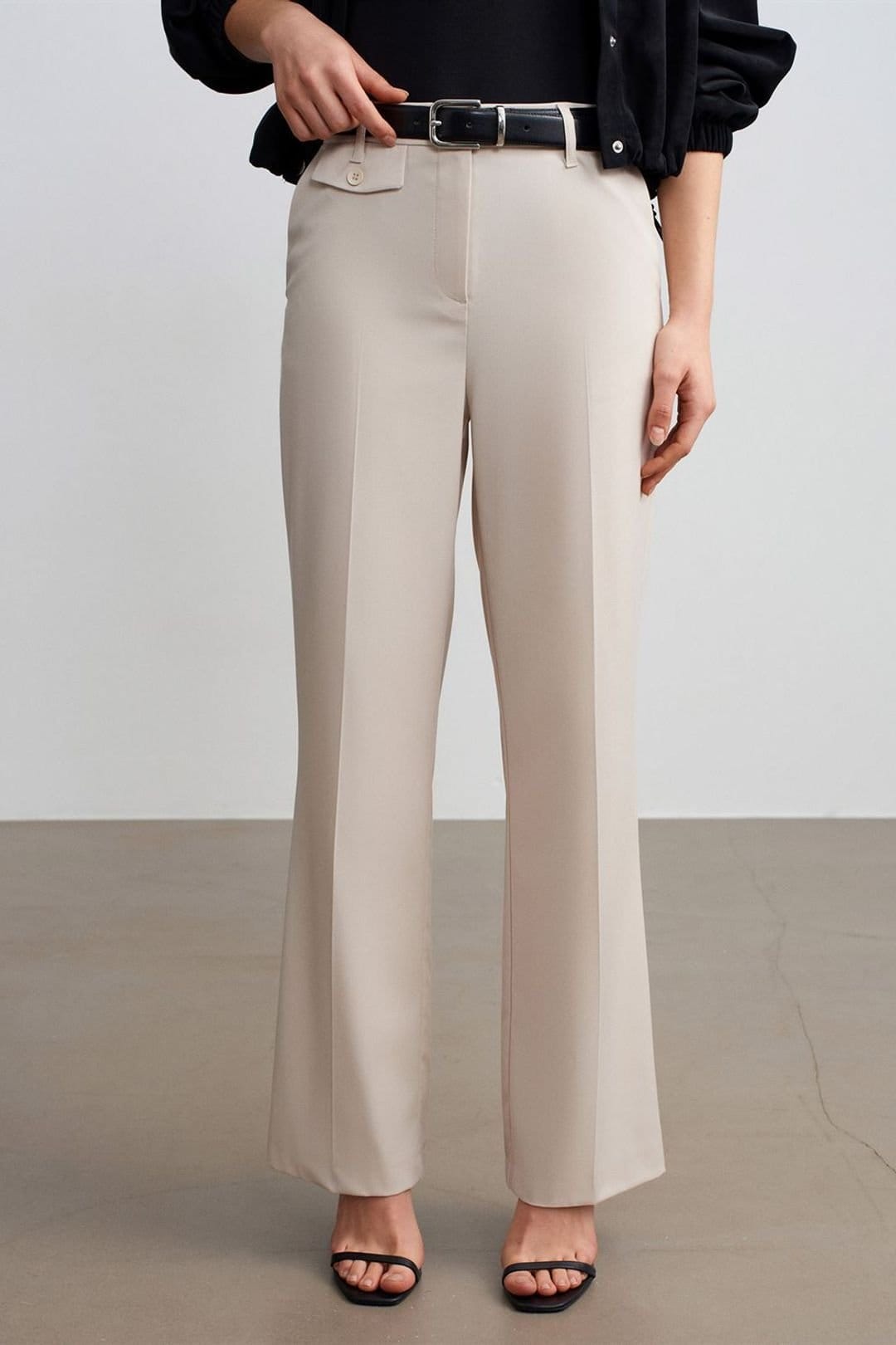 Dilvin Dilvin Women's High-Waist Straight-Leg Crepe Trousers in Stone - 4