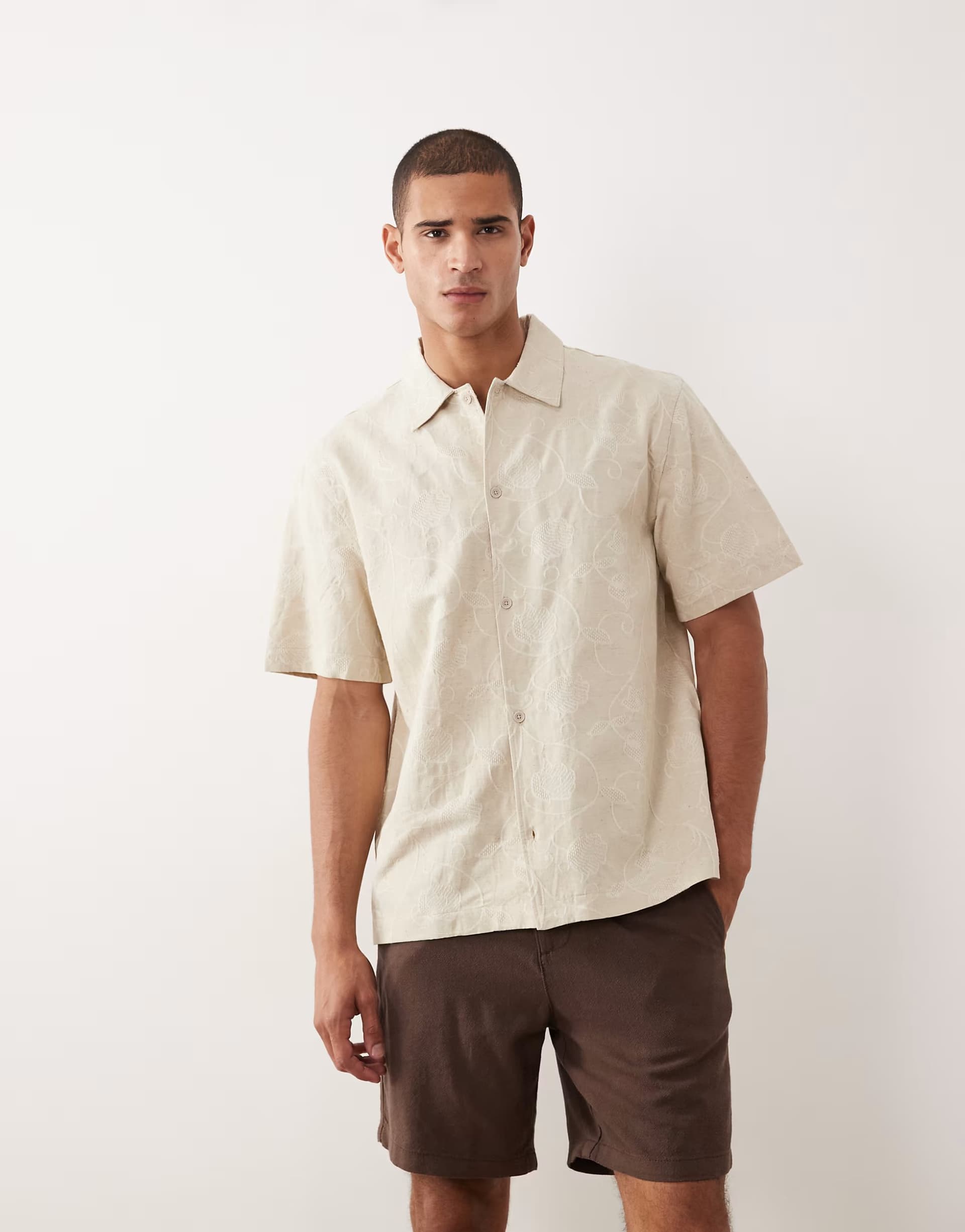 ASOS Mango linen blend textured floral print shirt in ecru