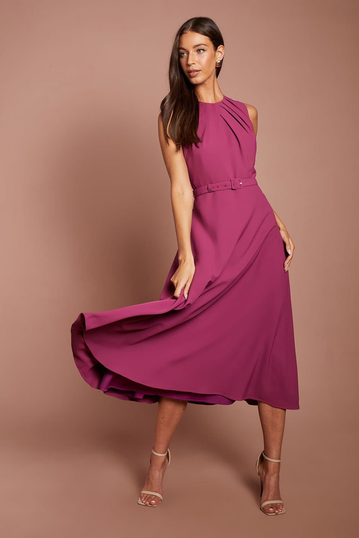 Coast Coast Women's Pleated Neckline Belted Crepe Midi Dress in Berry