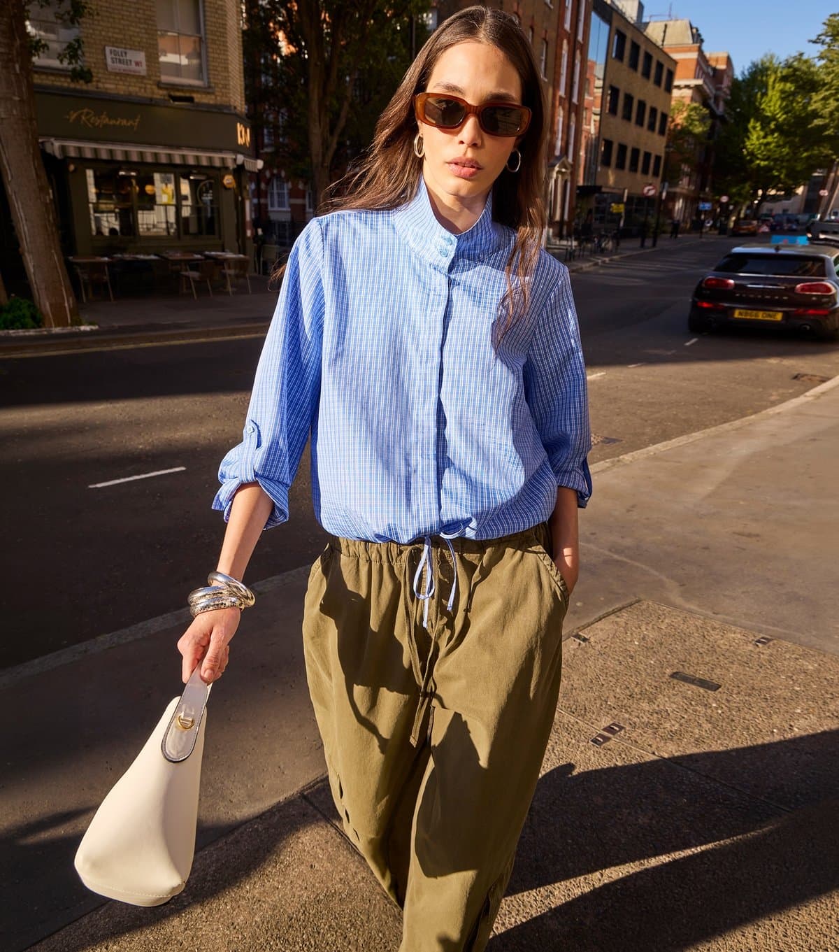 New Look Women's Bright Blue Check Cropped Sleeve Funnel Neck Shirt New Look