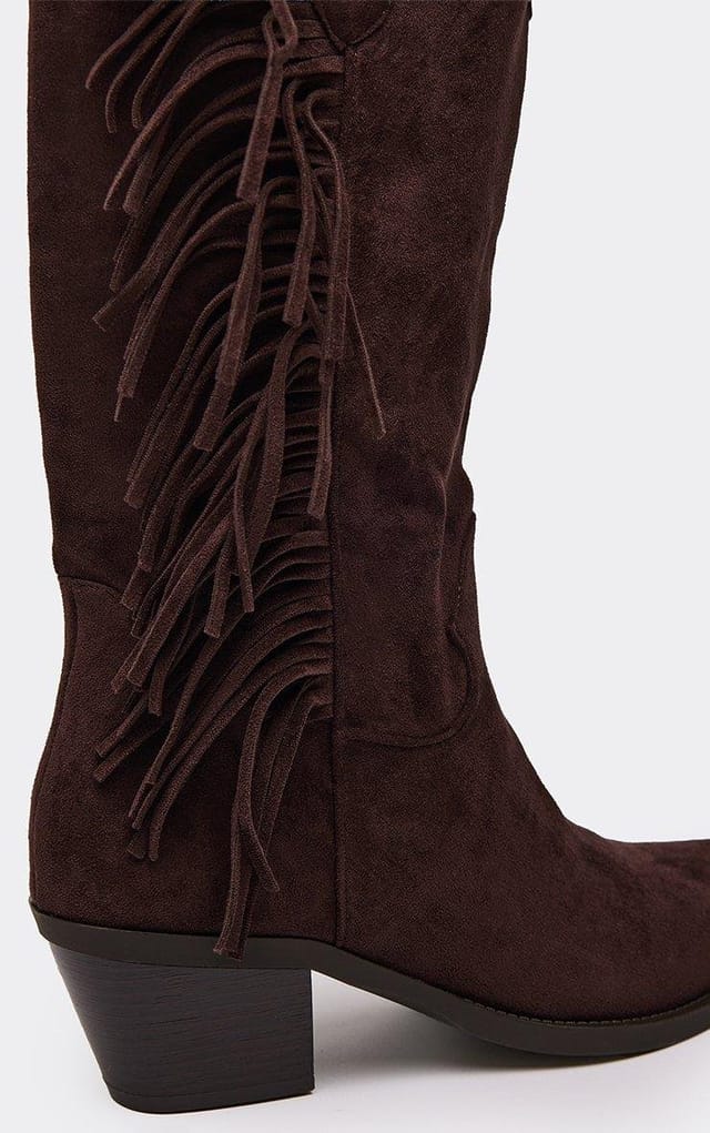 EGO Kiko Fringe Detail Pointed Toe Mid Calf Western Cowboy Boot In Brown Faux Suede, Women's Size UK 3 - 2
