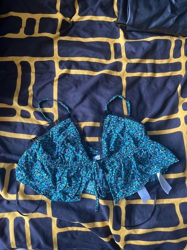 Bershka Bershka Blue Green Ditsy Floral Ruched Lace Trim Cami Top Size M