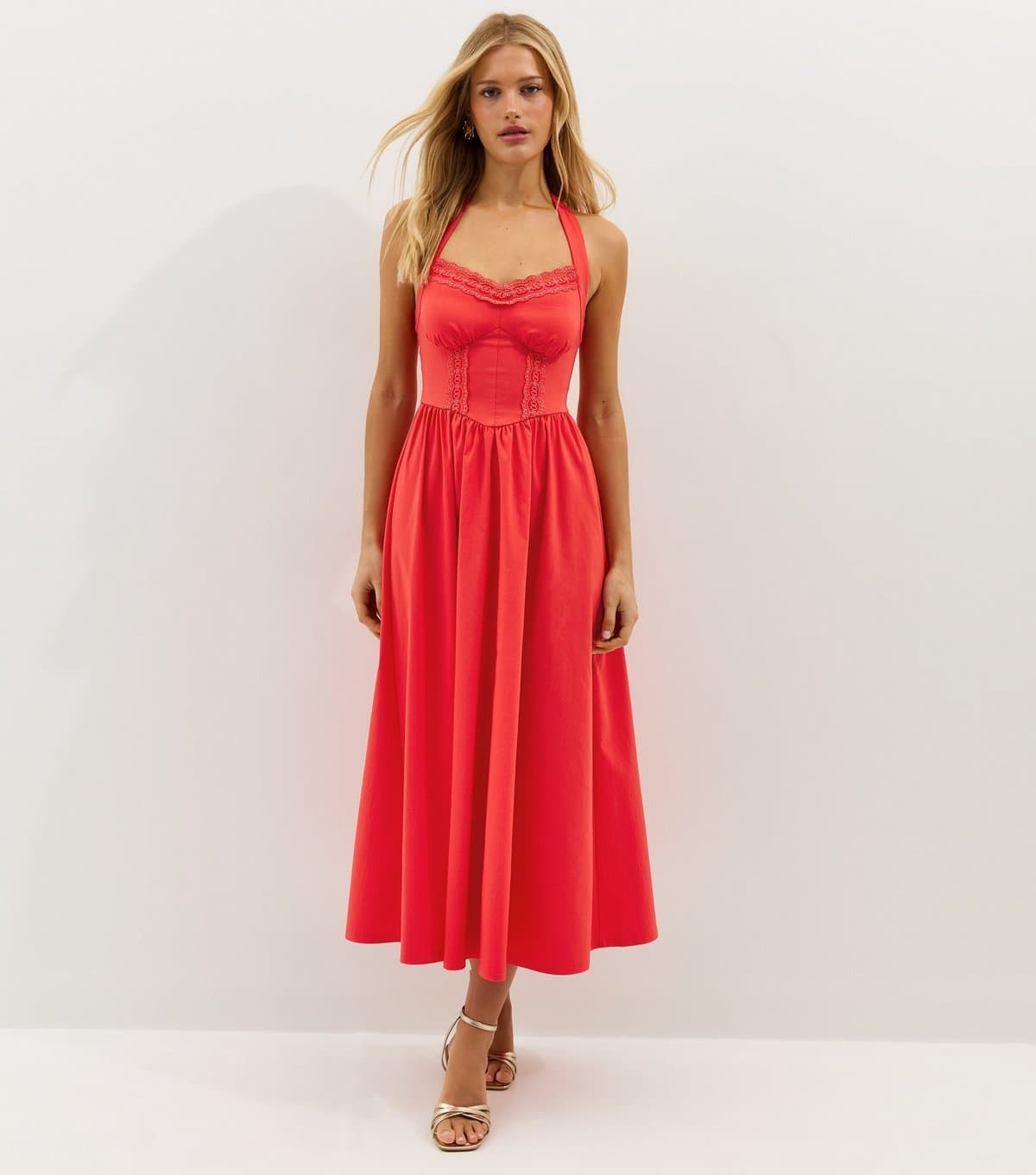 New Look Women's Dark Coral Embroidered Halter Midi Dress New Look