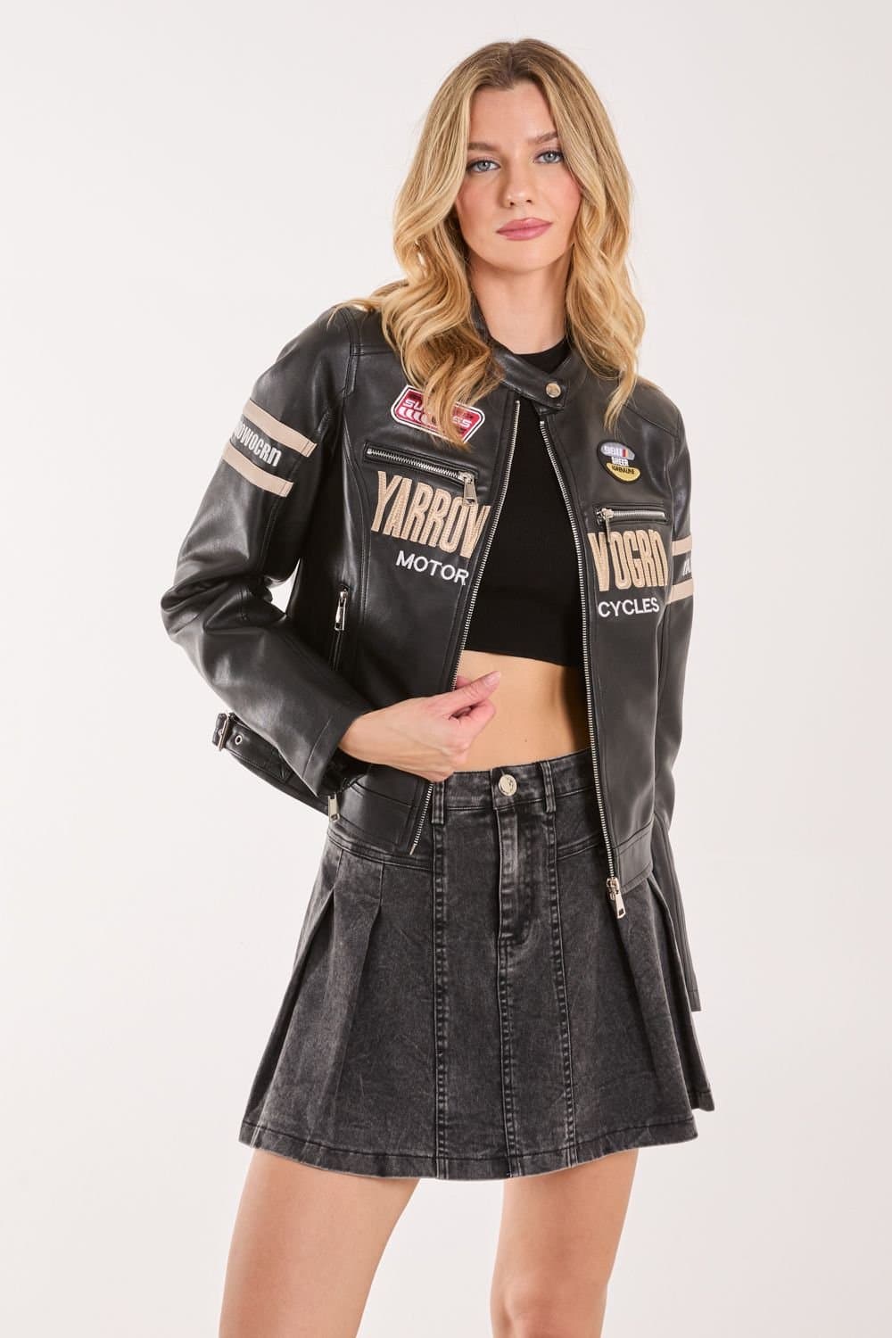 Pink Vanilla Pink Vanilla Women's Patch Mix Motocross Biker Jacket in Black