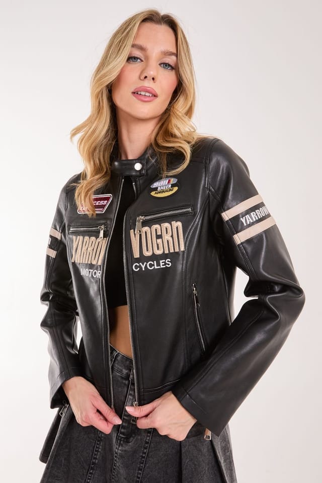 Pink Vanilla Pink Vanilla Women's Patch Mix Motocross Biker Jacket in Black - 3