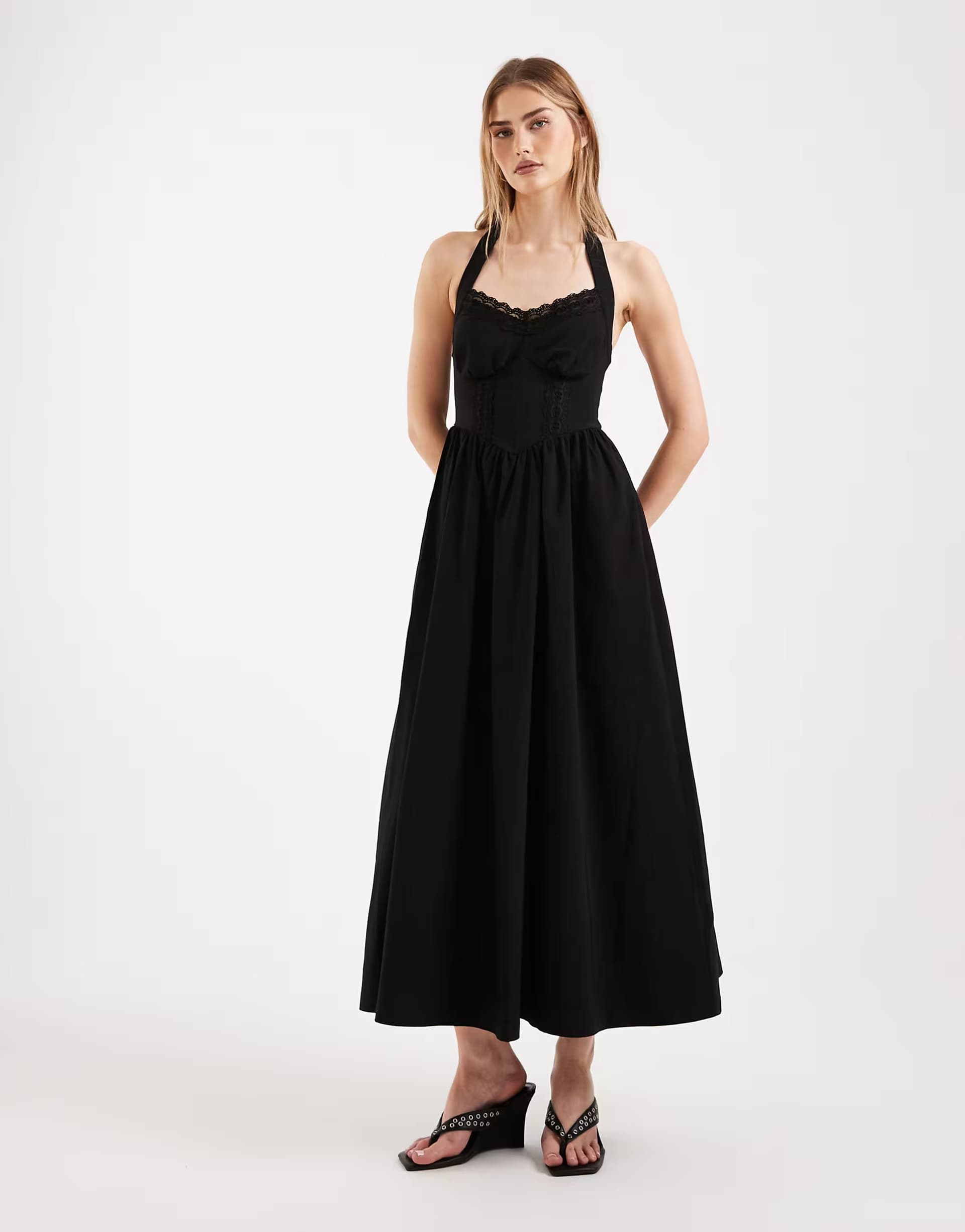 ASOS New Look bengaline halter midi dress with lace trim in black