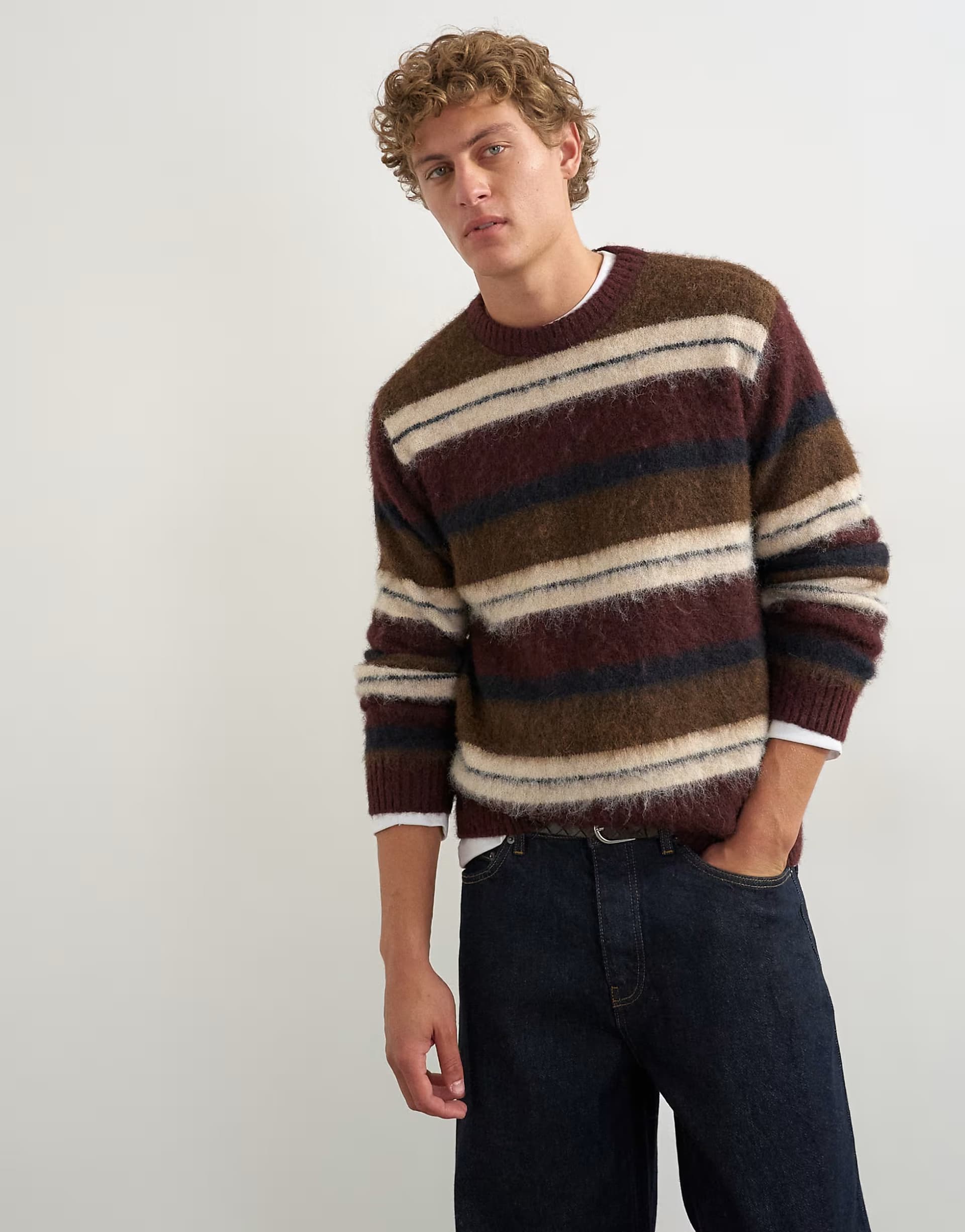 ASOS Topman relaxed fit fluffy striped knitted jumper in burgundy