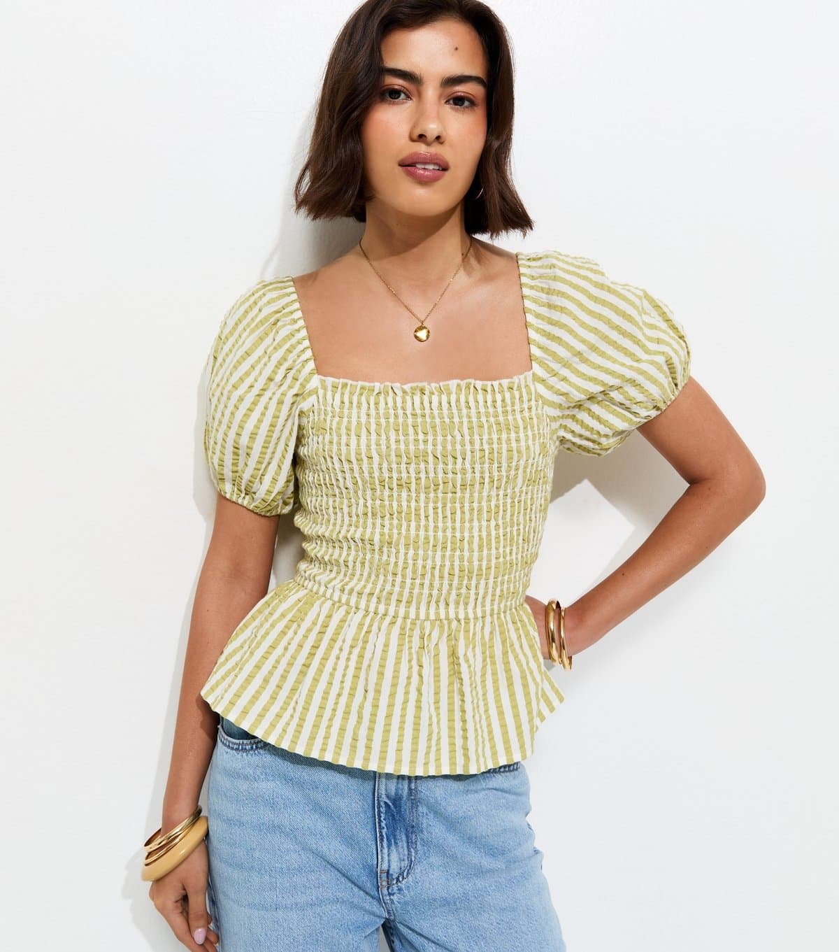 New Look New Look Green Stripe Cotton Peplum Blouse