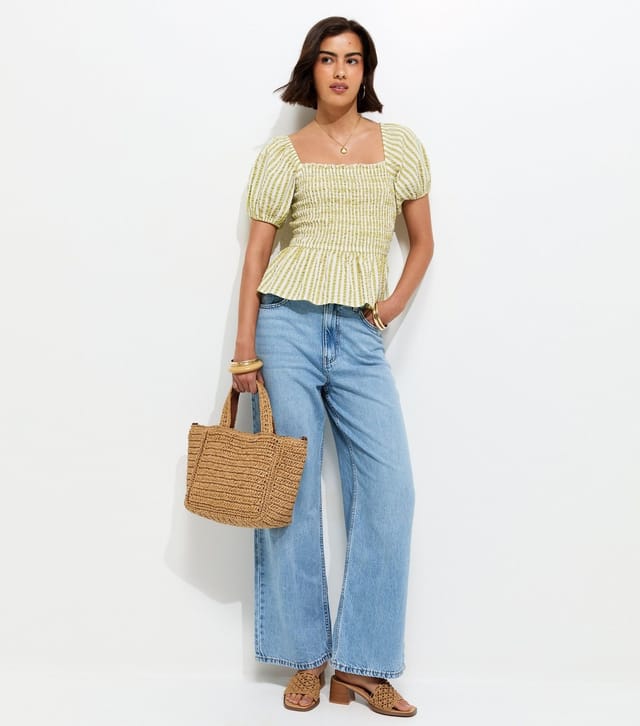 New Look Women's Light Green Stripe Cotton Shirred Peplum Blouse New Look - 2