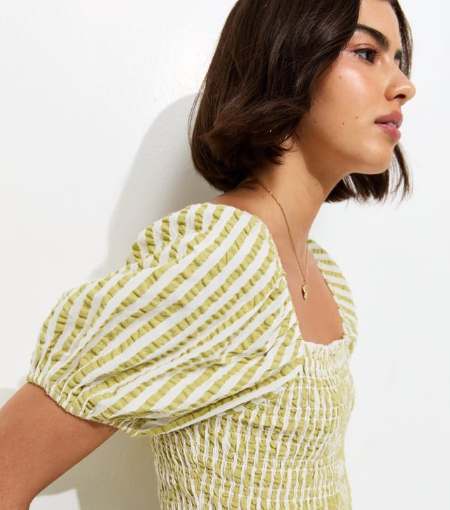 New Look Women's Light Green Stripe Cotton Shirred Peplum Blouse New Look - 3