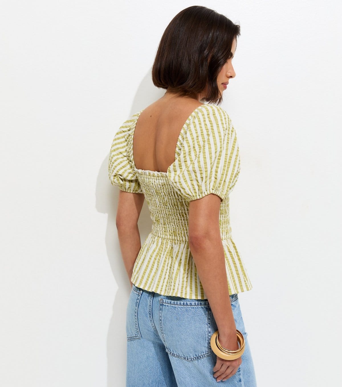 New Look Women's Light Green Stripe Cotton Shirred Peplum Blouse New Look - 4