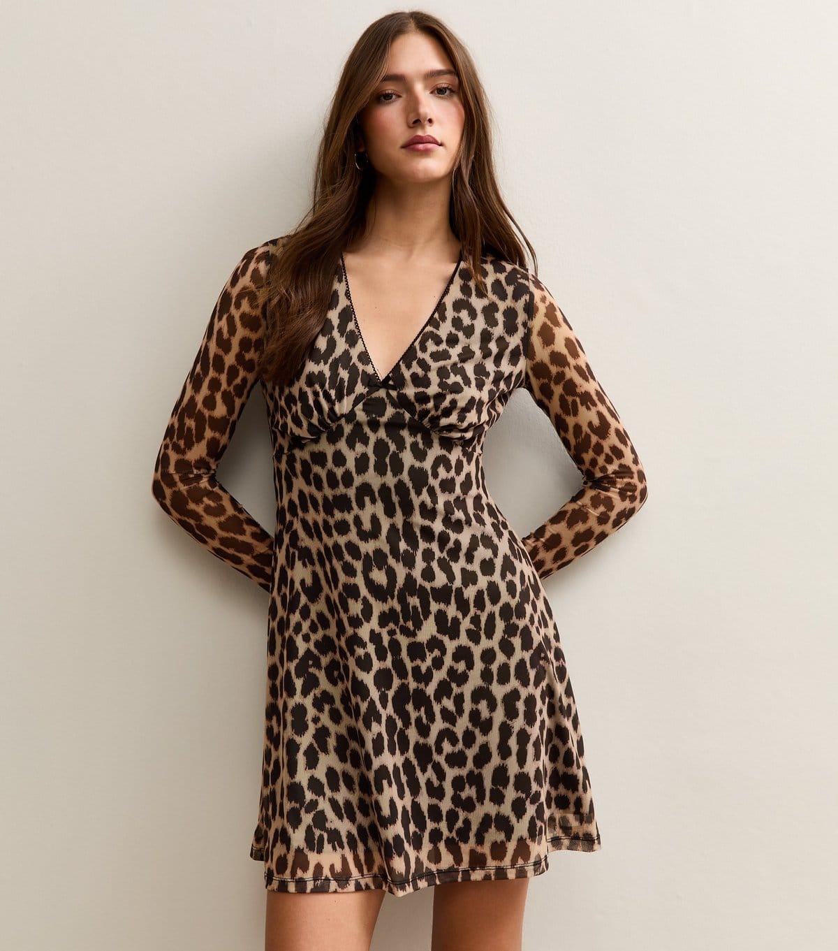 New Look Brown Animal Print Mesh Mini Dress