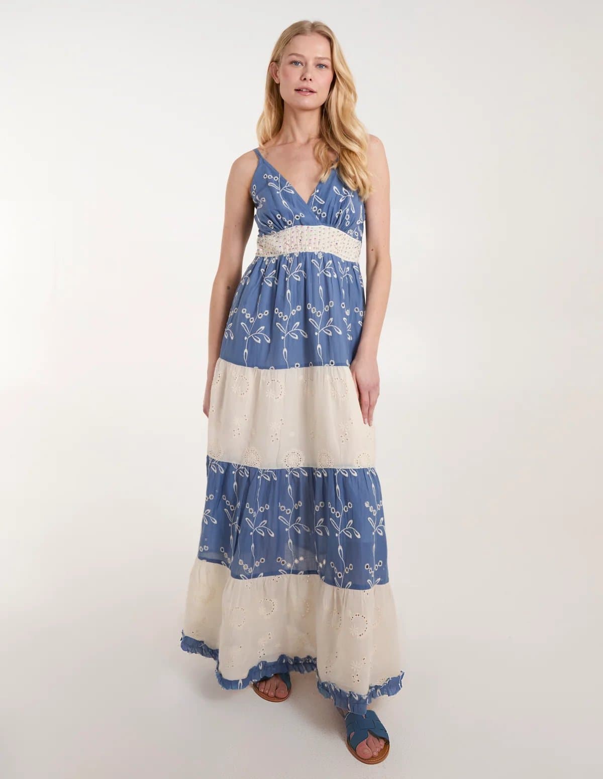 Blue Vanilla Embroidered Block Out Stripe Cami Dress