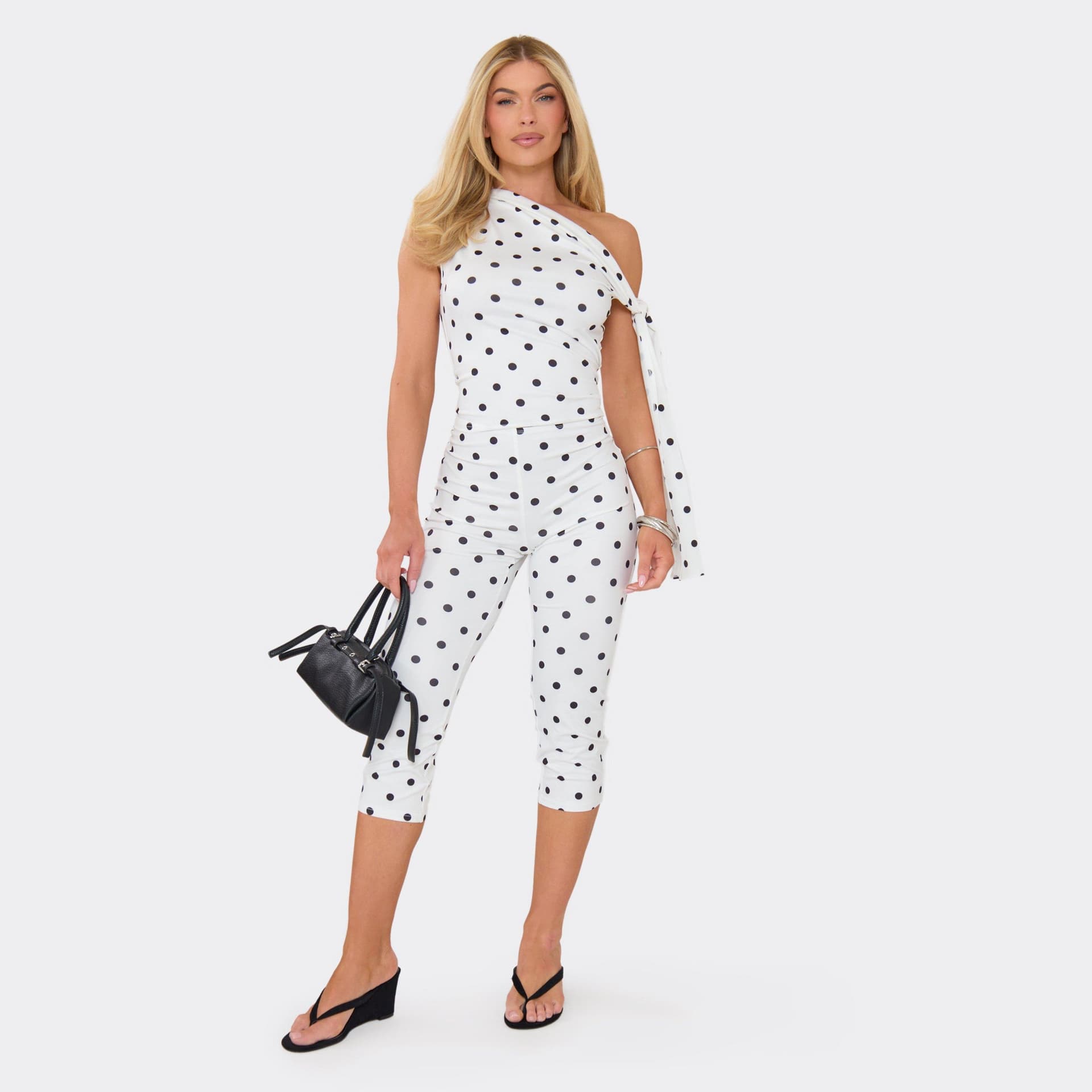 EGO Off The Shoulder Tie Detail Top And Capri Trousers Co-Ord Set In White Polka Dot Print, Women's Size UK 6