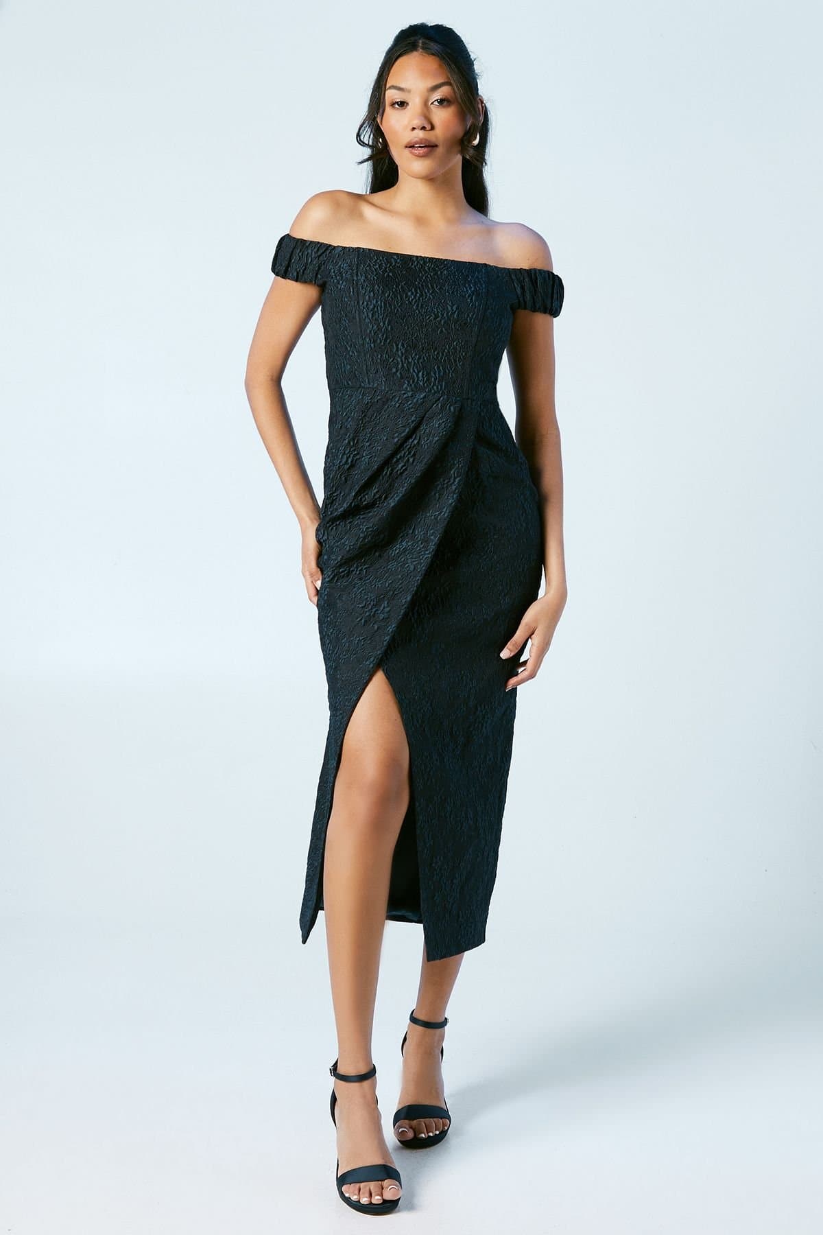 Coast Coast Women's Jacquard Bardot Bridesmaid Column Dress in Navy