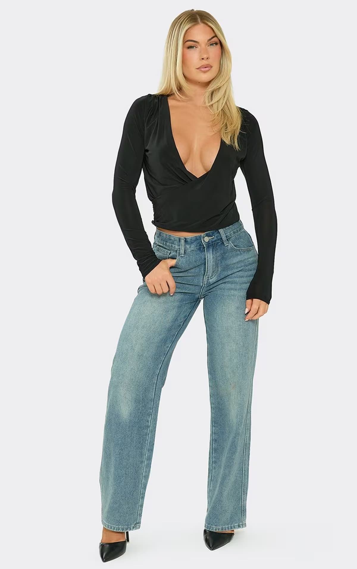 EGO Long Sleeve Plunge Neck Draped Front Top In Black, Women's Size UK 6