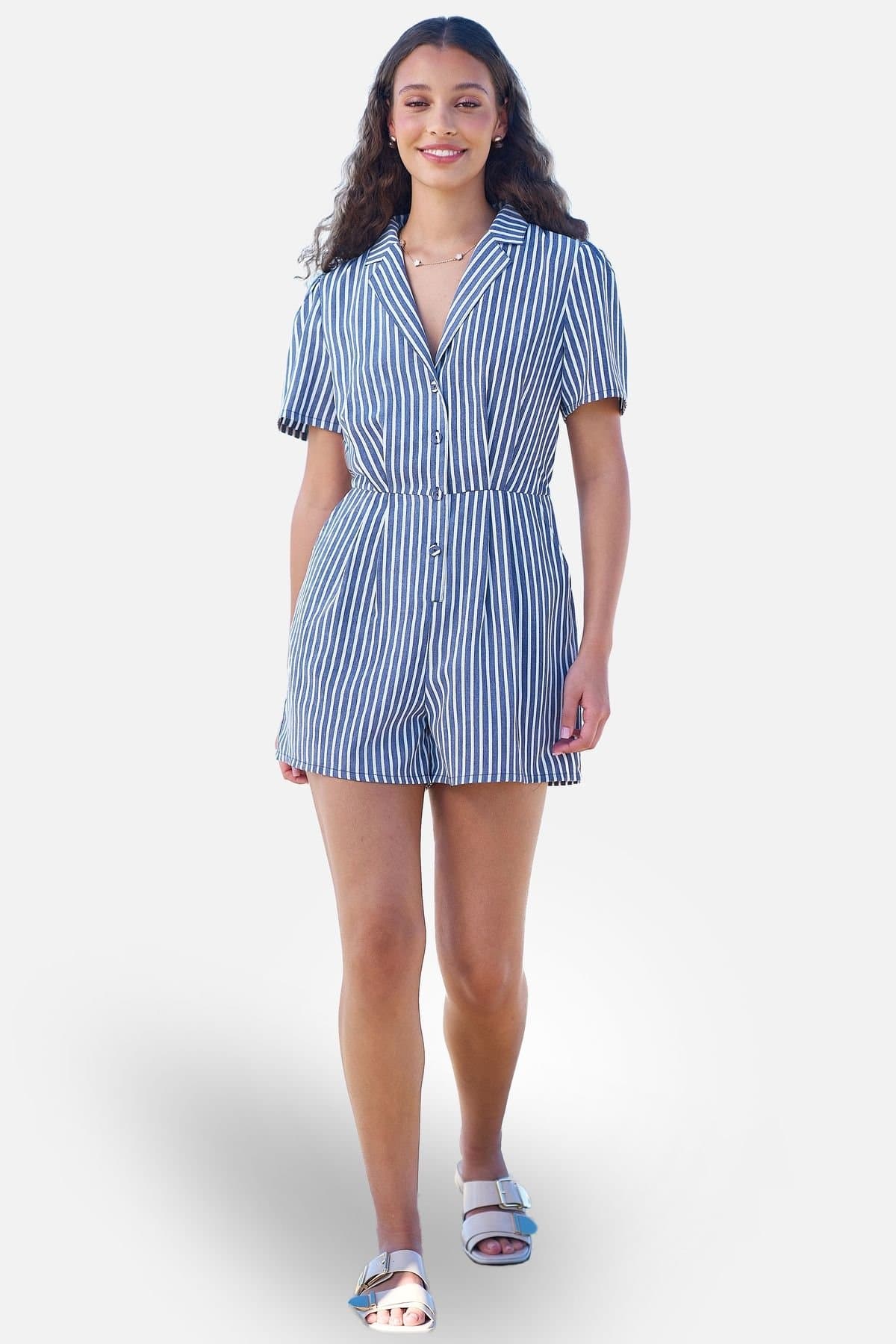 Yumi Yumi Women's Stripe Retro Playsuit in Mid Blue