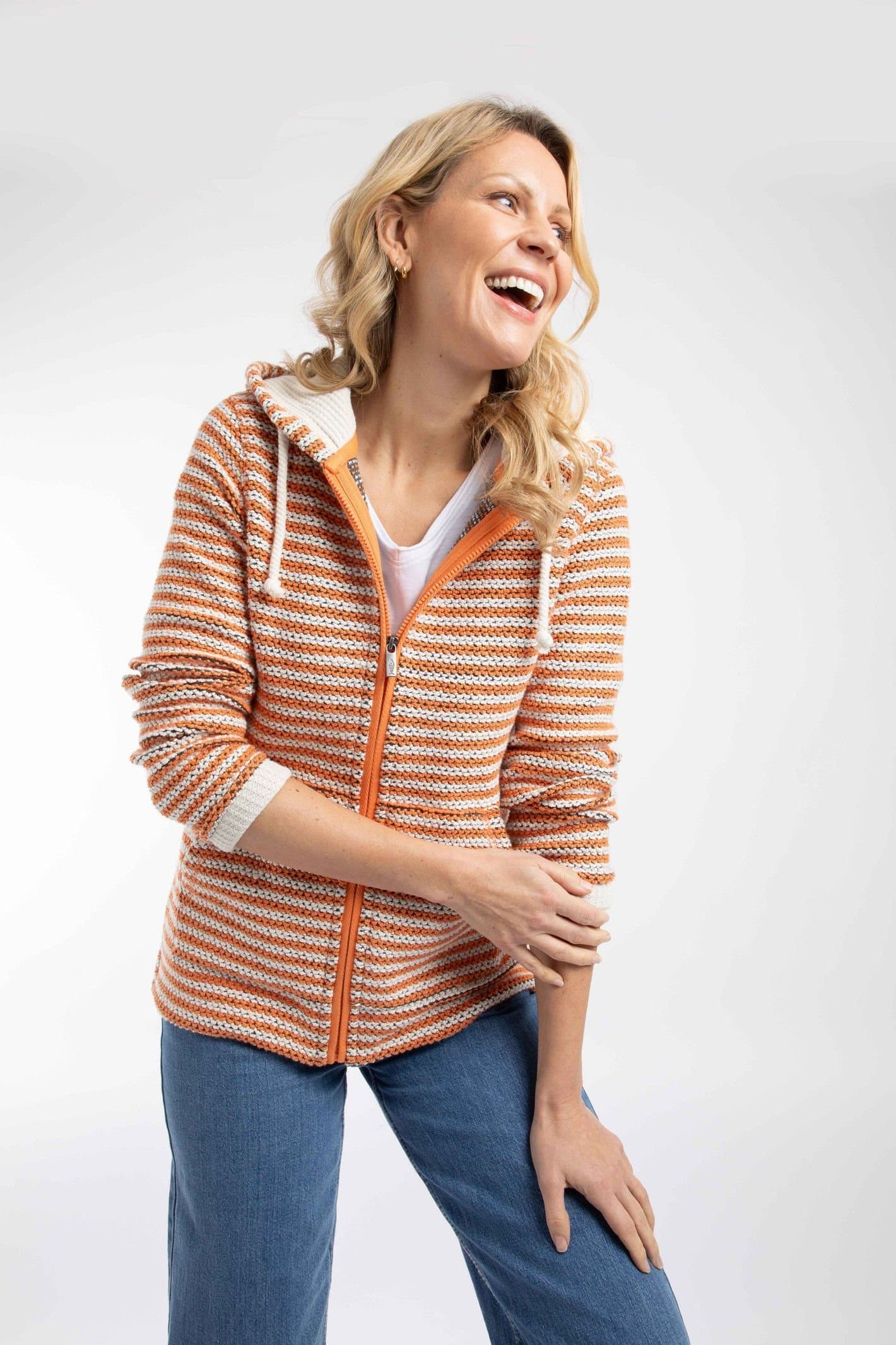 Weird Fish Weird Fish Women's Fisher Full Zip Stripe Macaroni Hoodie in Pale Orange