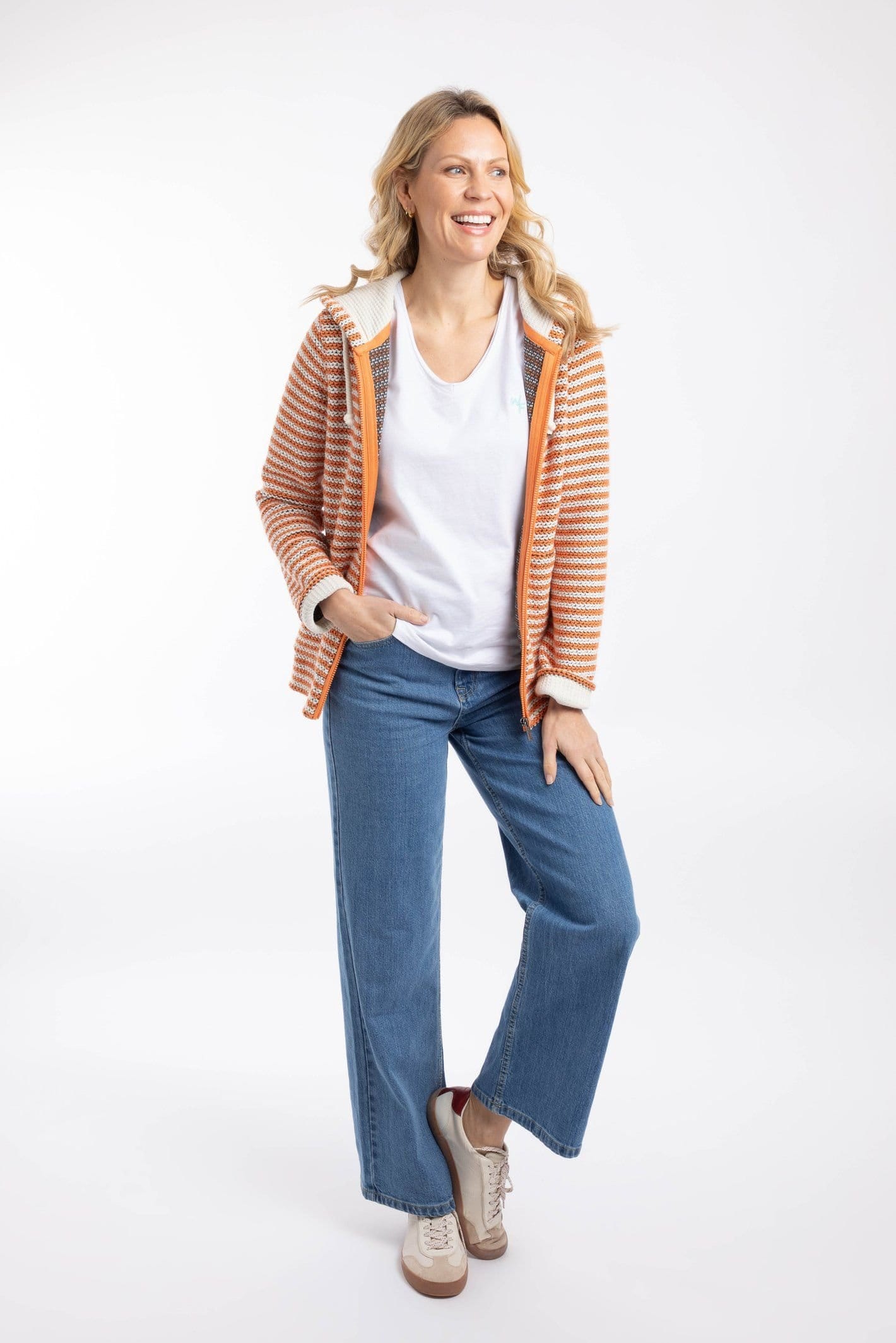 Weird Fish Weird Fish Women's Fisher Full Zip Stripe Macaroni Hoodie in Pale Orange - 4