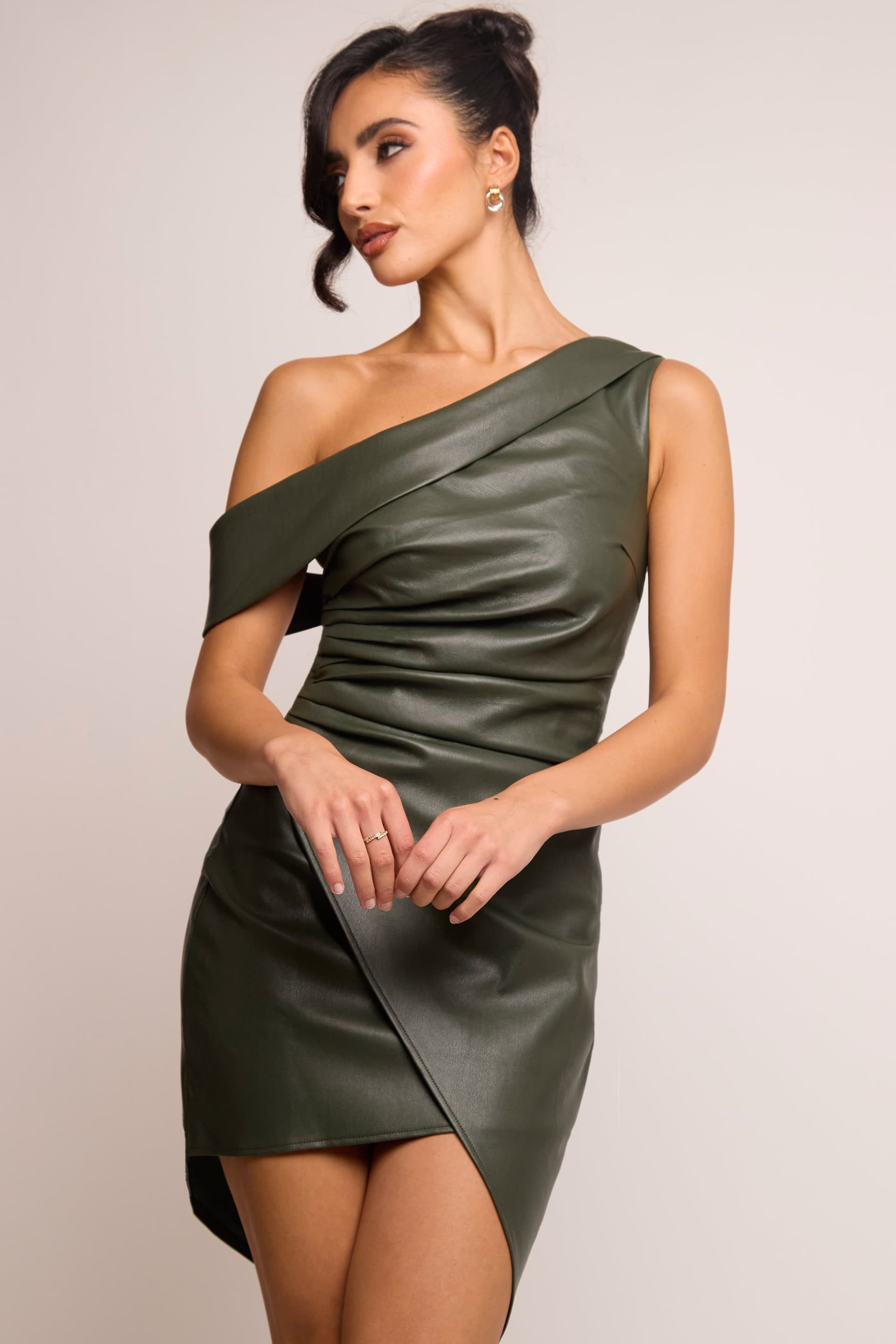 Jaded Rose Jaded Rose Women's Nessa Green Faux Leather One Shoulder Draped Mini Wrap Dress in Dark Olive