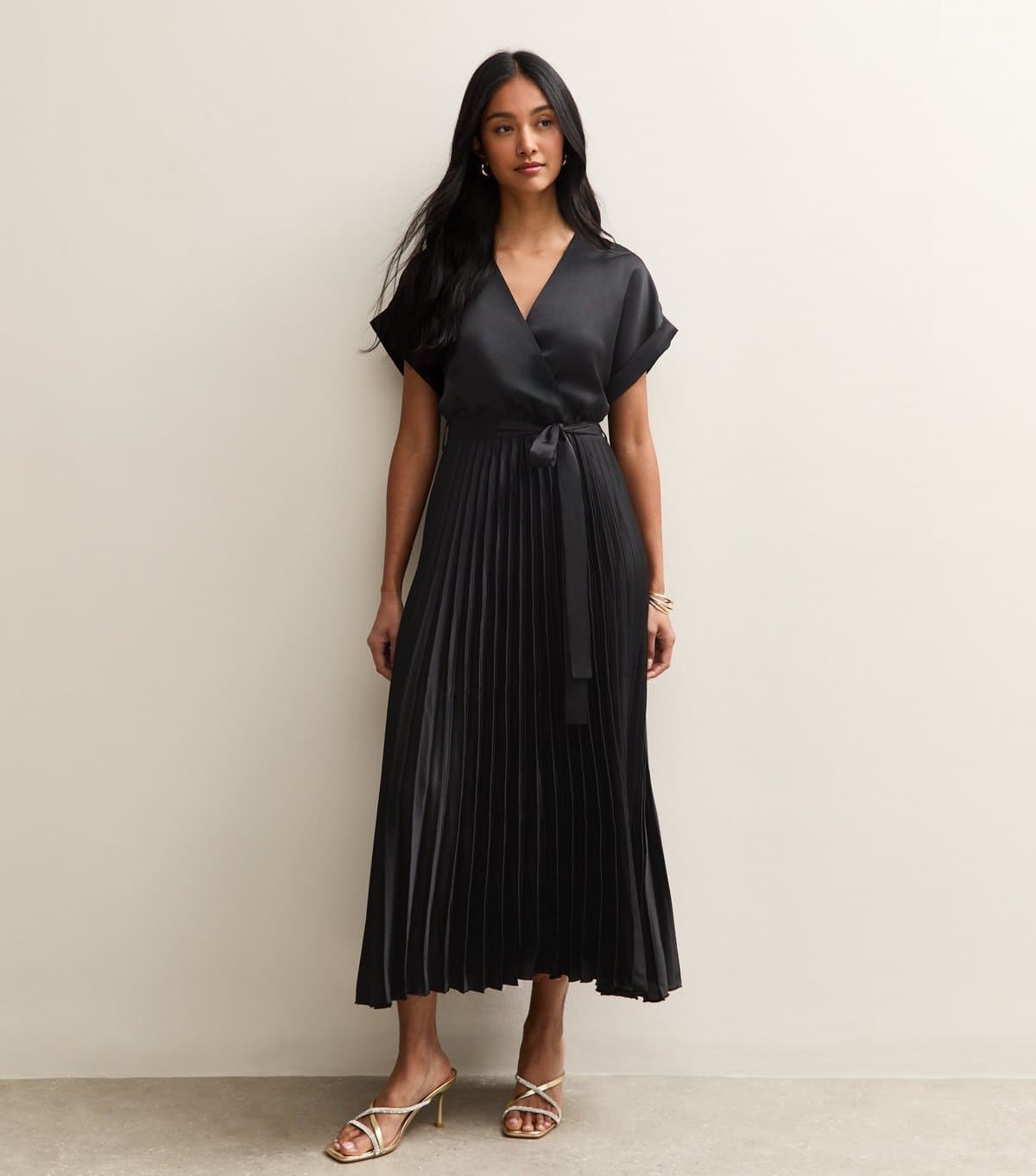 New Look Women's Black Satin Pleated Wrap Midi Dress New Look