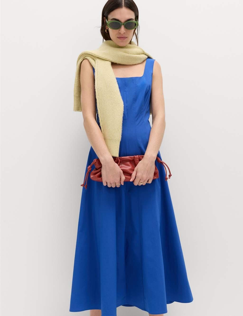 Marks & Spencer M&S Blue Cotton Rich Panel Midi Waisted Skater Dress