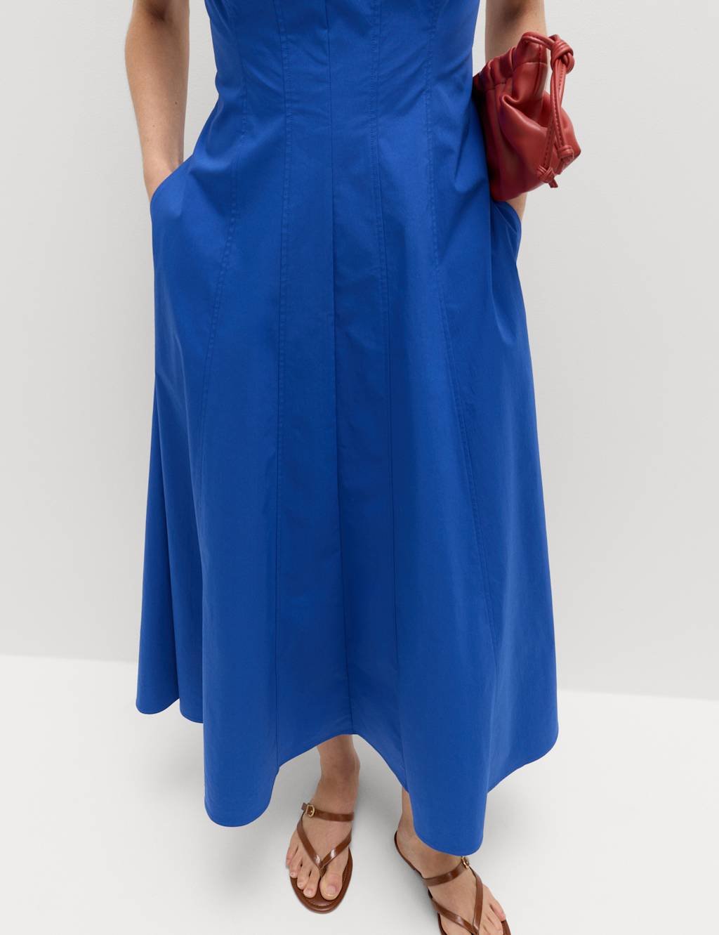 Marks & Spencer M&S Cotton Rich Panel Midi Waisted Skater Dress Blue - 2