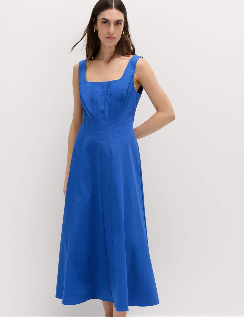 Marks & Spencer M&S Cotton Rich Panel Midi Waisted Skater Dress Blue - 3