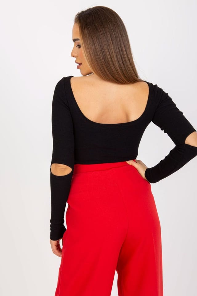 Love Lace Love Lace Women's Long Sleeve Boat Neck Blouse With Slits & Cutout in Black - 3