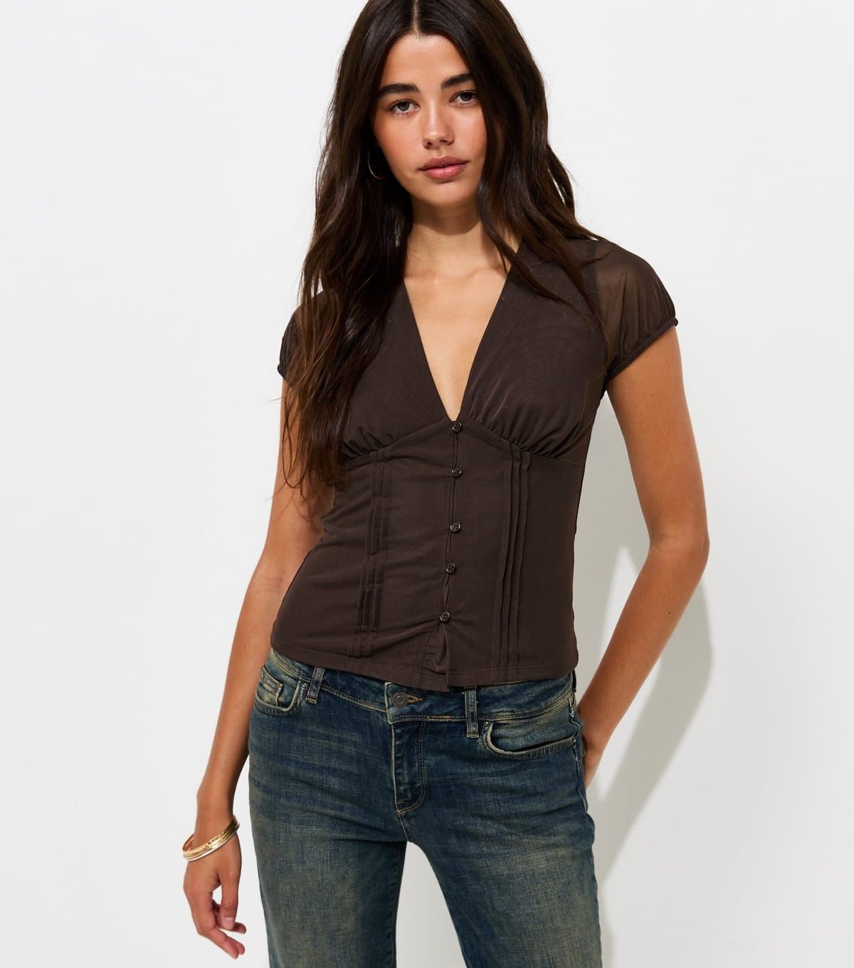 New Look Women's Dark Brown Mesh Jersey V-Neck Top New Look