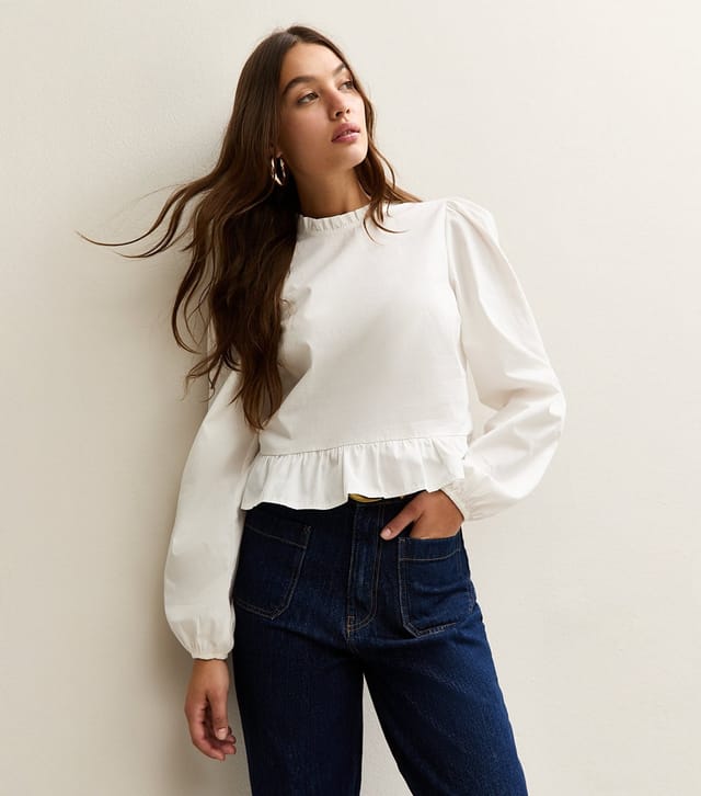 New Look Women's Off White Cotton Ruffled Collar Long Sleeve Top New Look - 2
