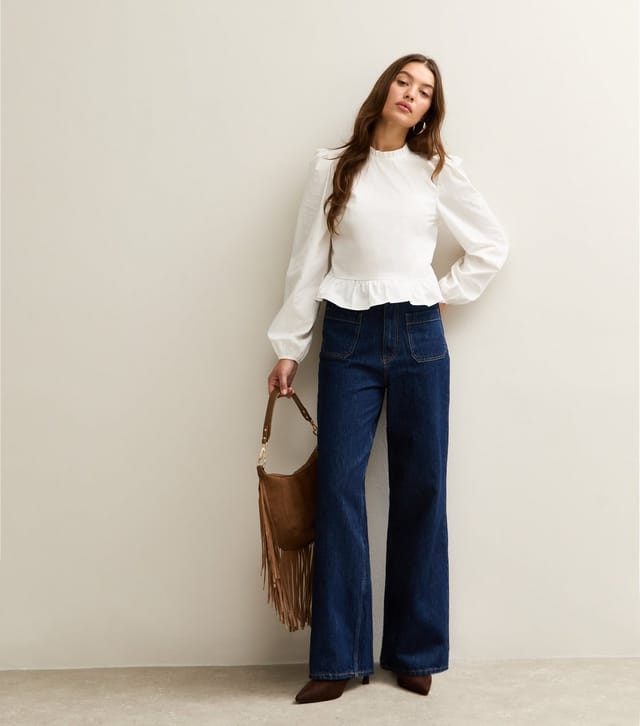 New Look Women's Off White Cotton Ruffled Collar Long Sleeve Top New Look - 3