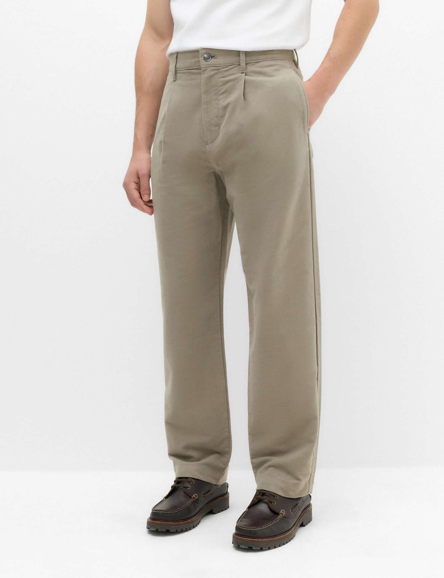 Marks & Spencer M&S Relaxed Fit Cotton Rich Moleskin Pleat Trousers Clay
