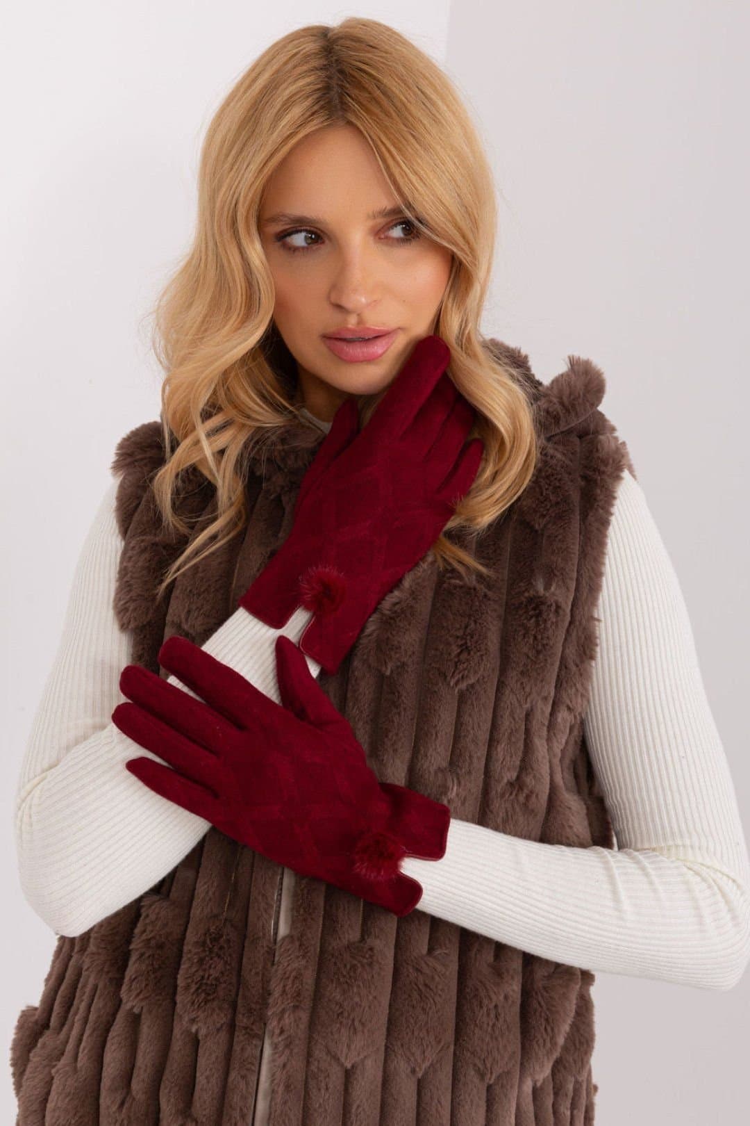 Love Lace Love Lace Women's Geometric Pattern Pompom Wrist Embroidered Touchscreen Gloves in Red