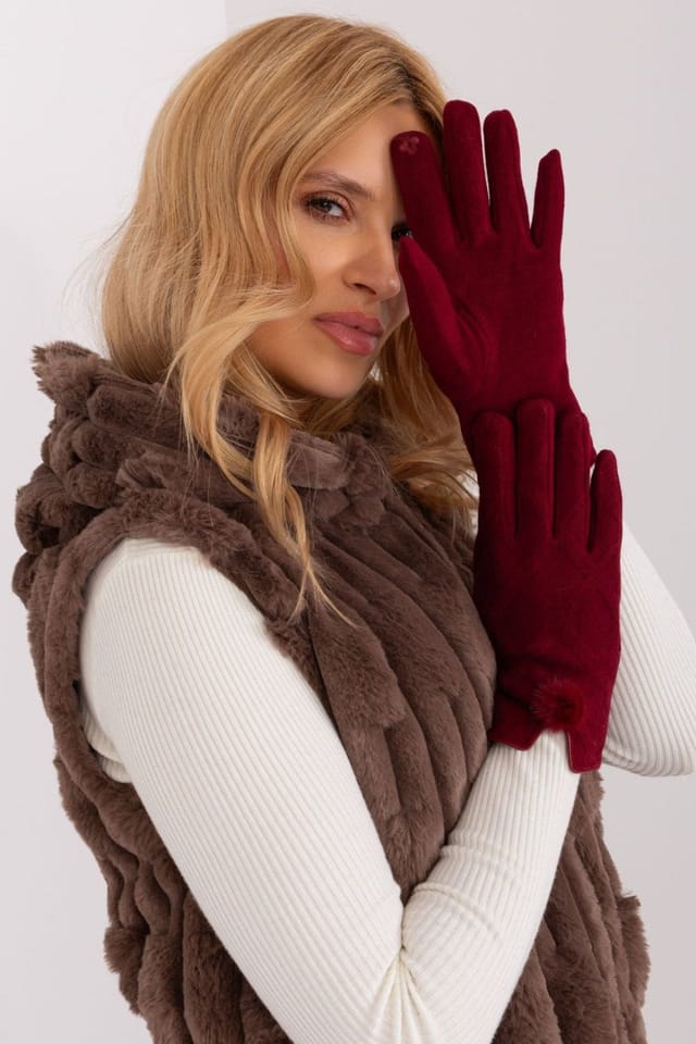 Love Lace Love Lace Women's Geometric Pattern Pompom Wrist Embroidered Touchscreen Gloves in Red - 2