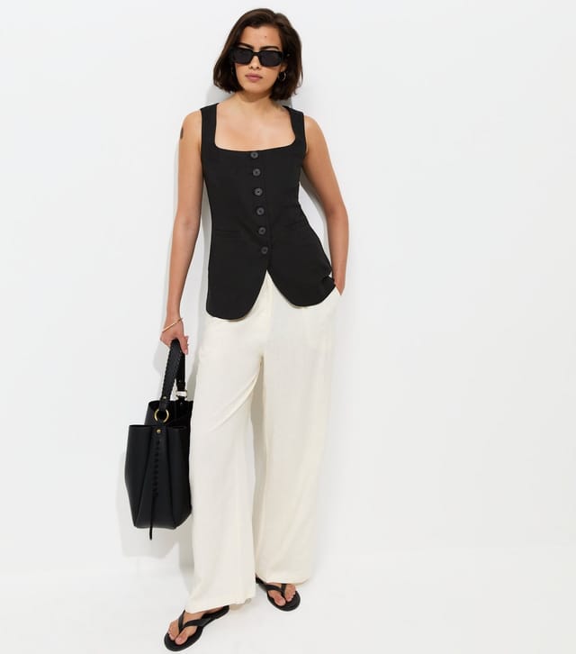 New Look Women's Black Linen Rich Thick Strap Waistcoat New Look - 2