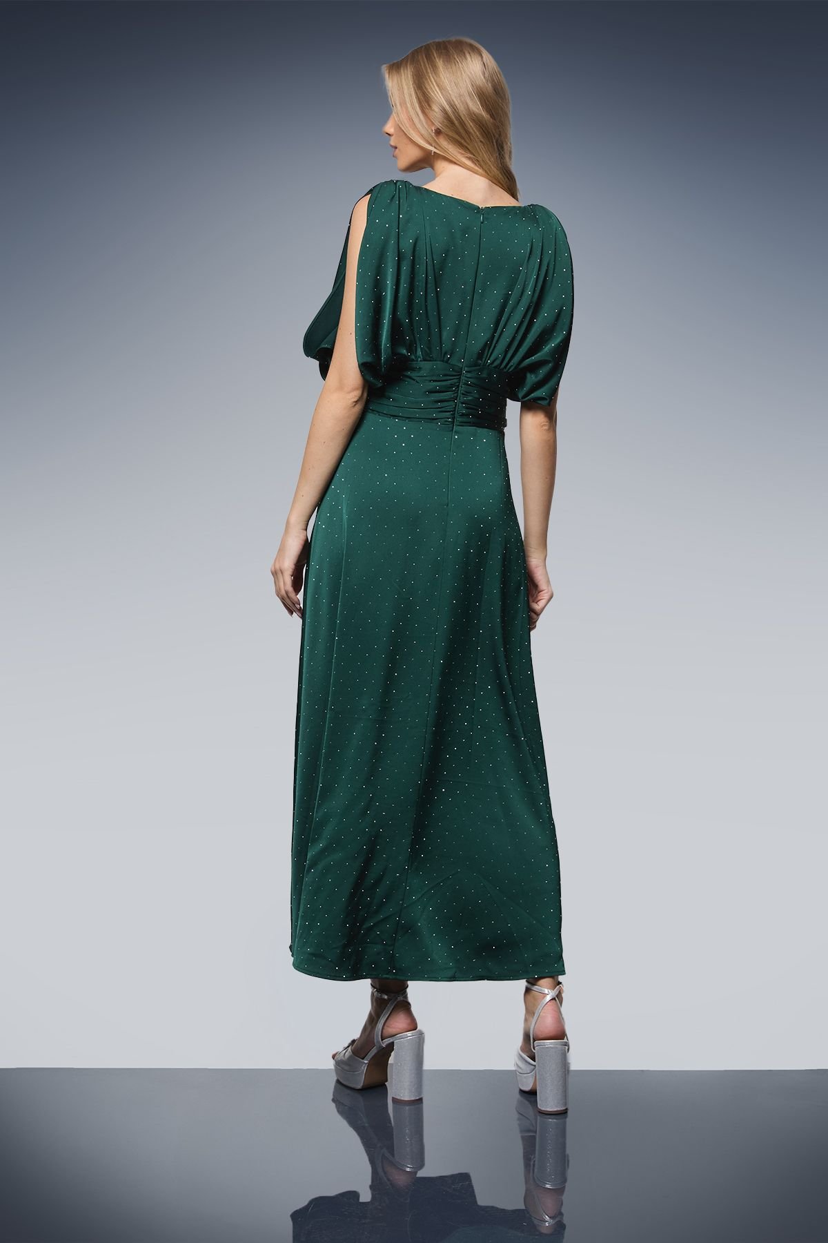 Oasis Oasis Women's Hotfix Detail Ruched Bodice V Neck Midi Dress in Forest - 3