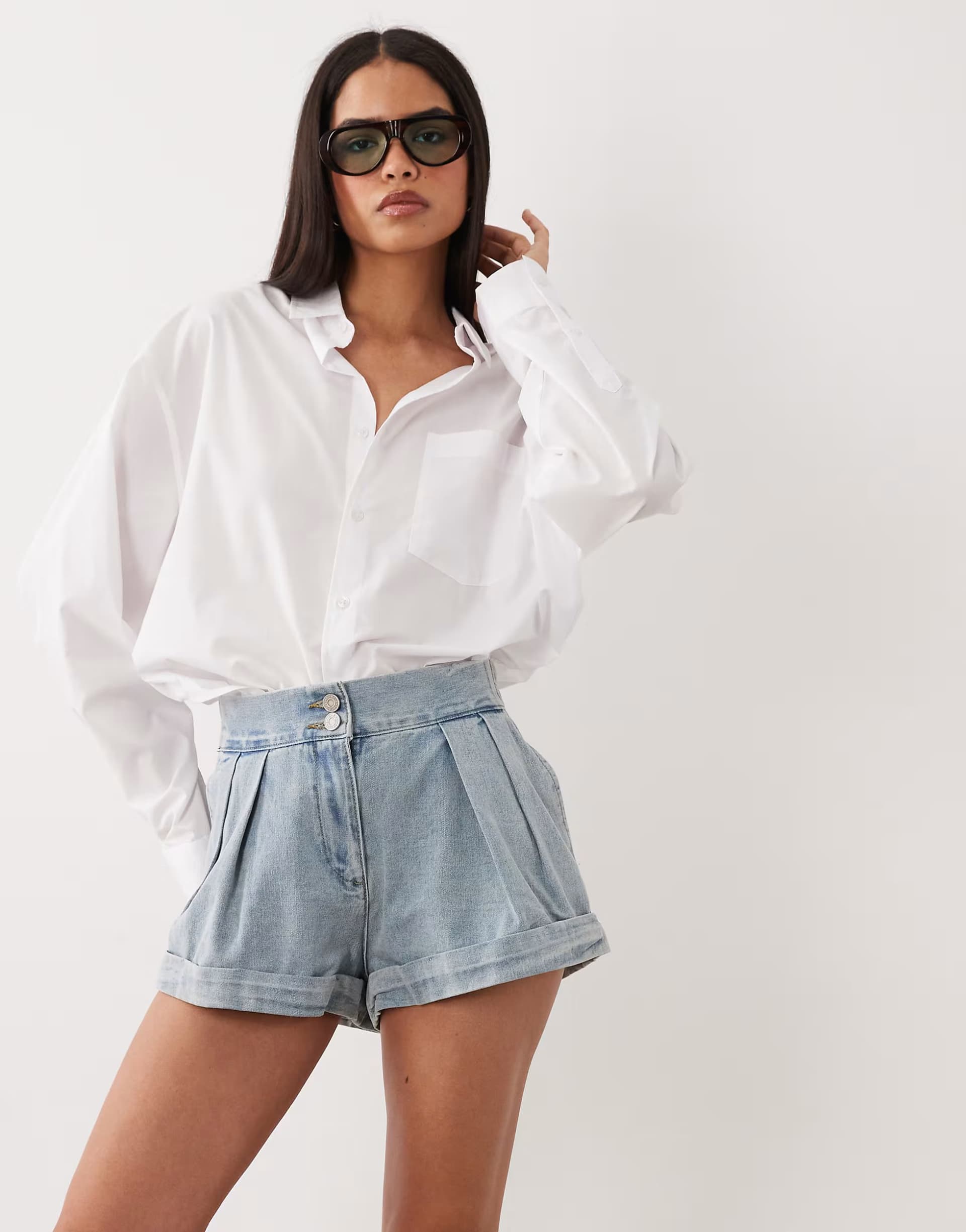 ASOS Noughts & Kisses pleated denim turn up hem shorts in light blue