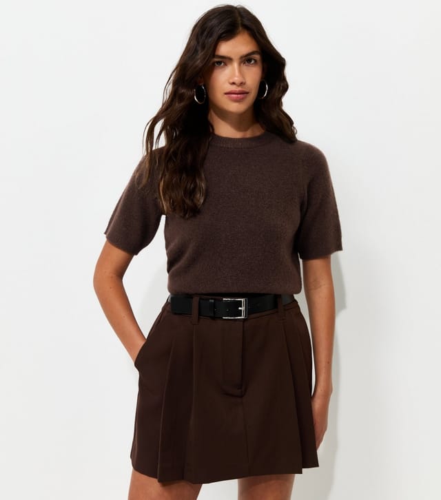 New Look Women's Dark Brown Belted Tailored Pleated Mini Skirt New Look - 2