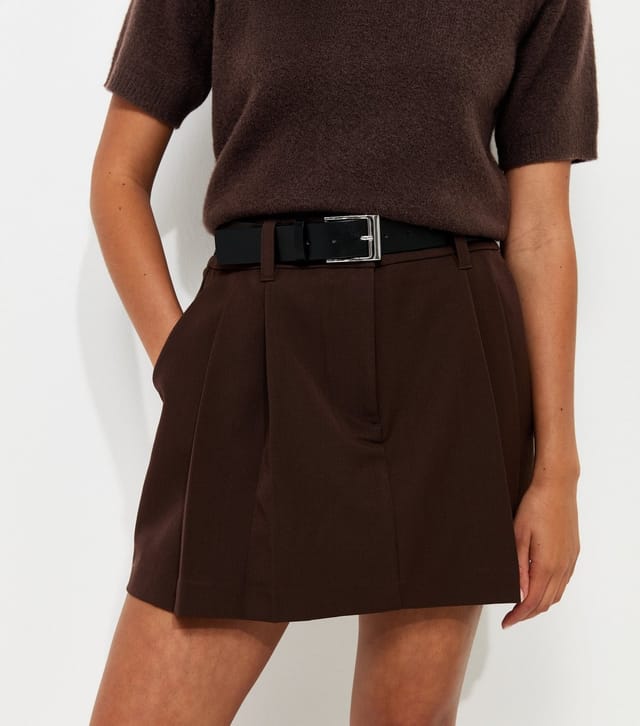 New Look Women's Dark Brown Belted Tailored Pleated Mini Skirt New Look - 3