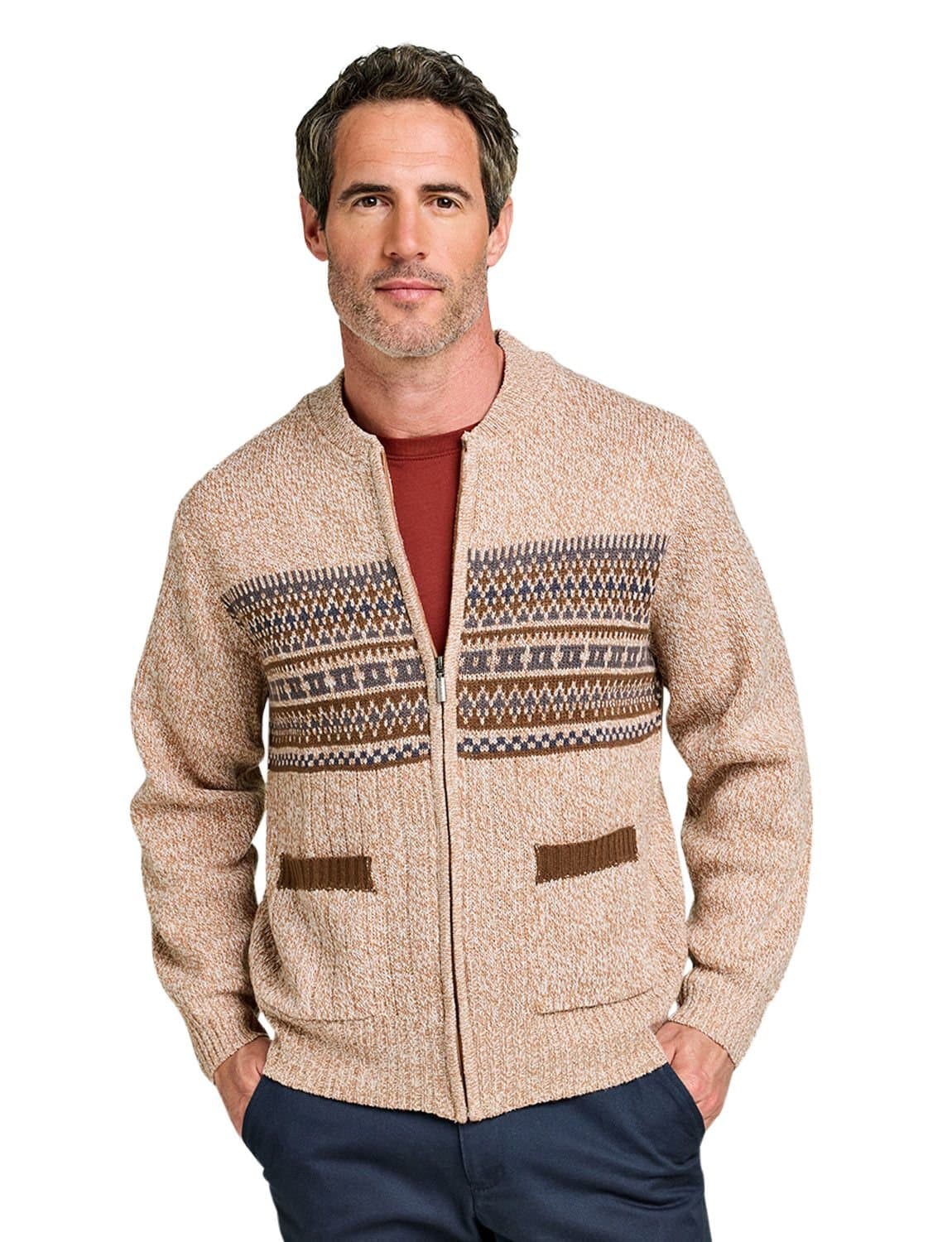 Tootal Tootal Men's Horizontal Jacquard Zip Cardigan in Light Brown