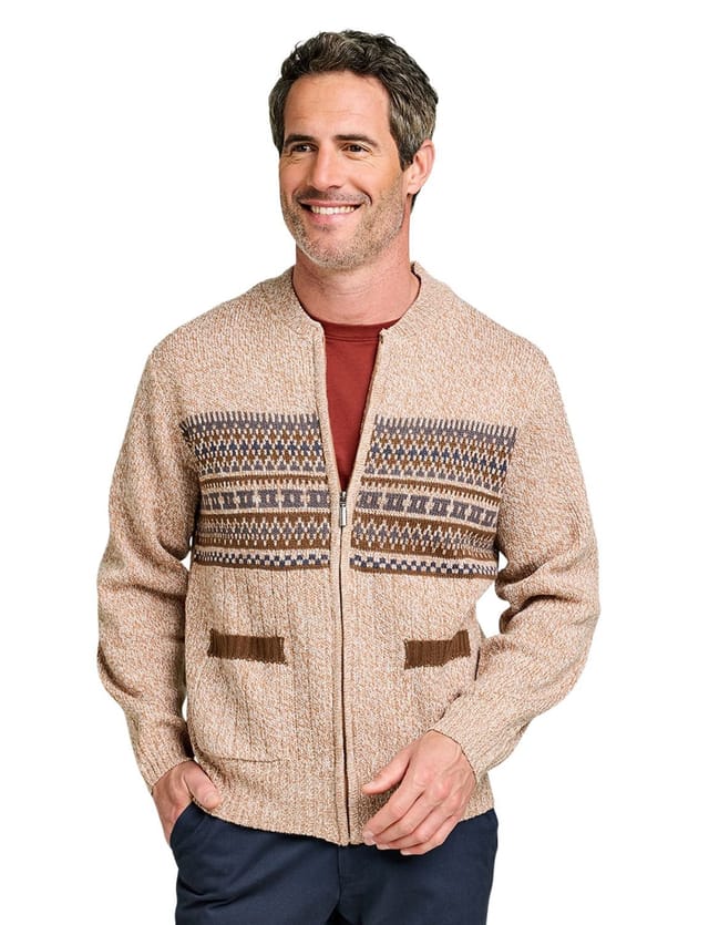 Tootal Tootal Men's Horizontal Jacquard Zip Cardigan in Light Brown - 2