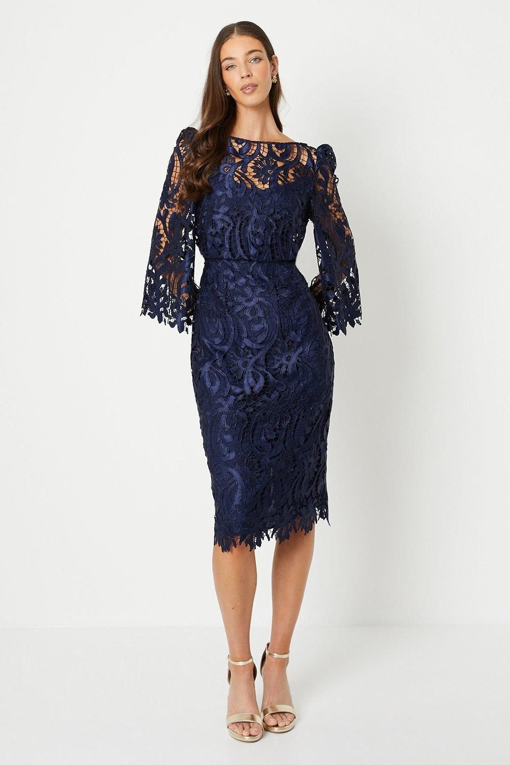 Coast Coast Women's Satin Lace Boat Neck Midi Dress With Fluted Sleeve in Navy - 2